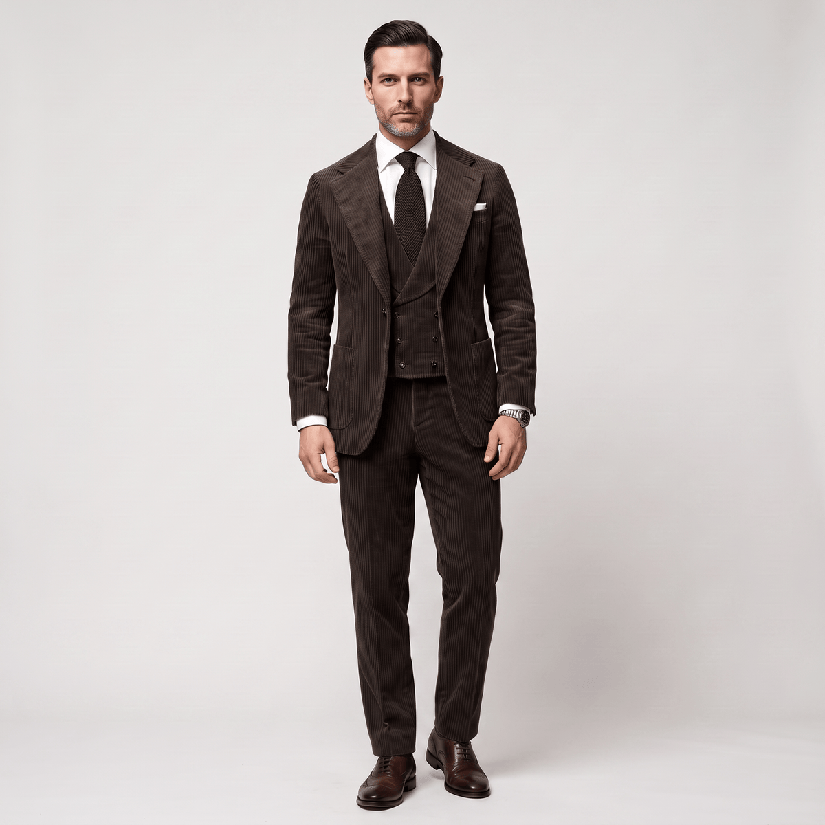 Ceehuteey Ceehuteey Corduroy Men's Suit Solid 3 Pieces Notch Lapel Suit (Blazer+Vest+Pants)