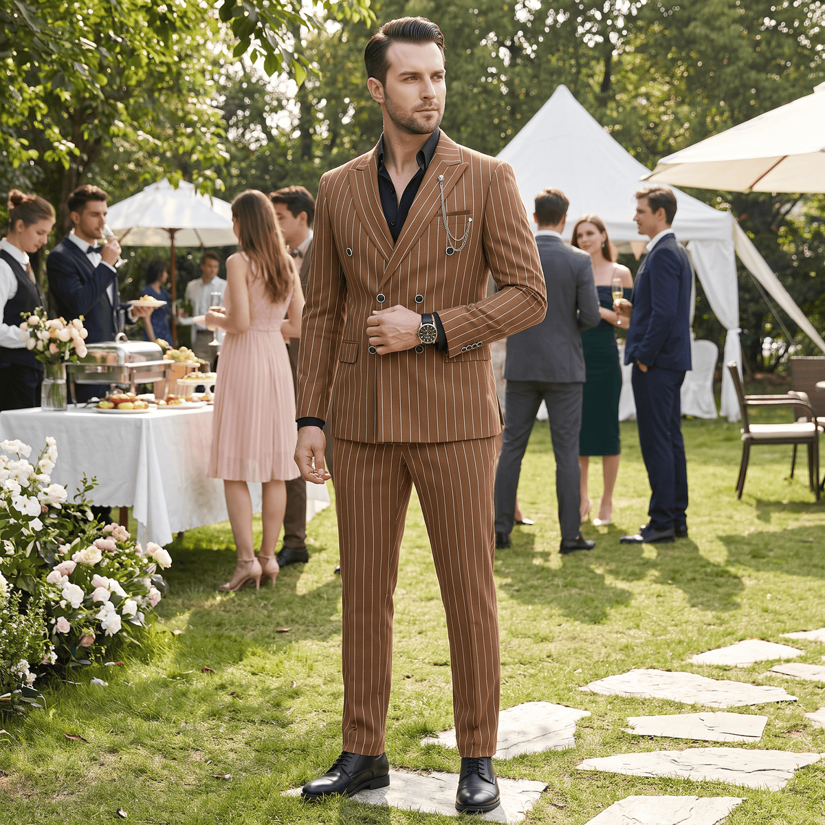 Ceehuteey Ceehuteey Men's 2 Pieces Pinstripe Suit Peak Lapel Striped Suits (Blazer+Pants)
