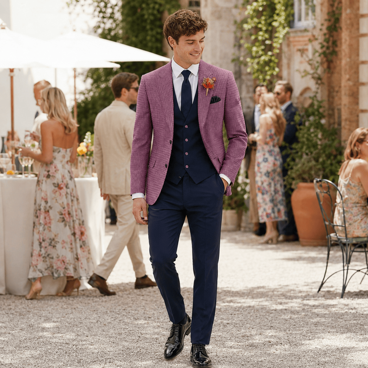 Ceehuteey Ceehuteey Men's 3 Pieces Checked Houndstooth Peak Lapel Suits (Blazer+Vest+Pants)