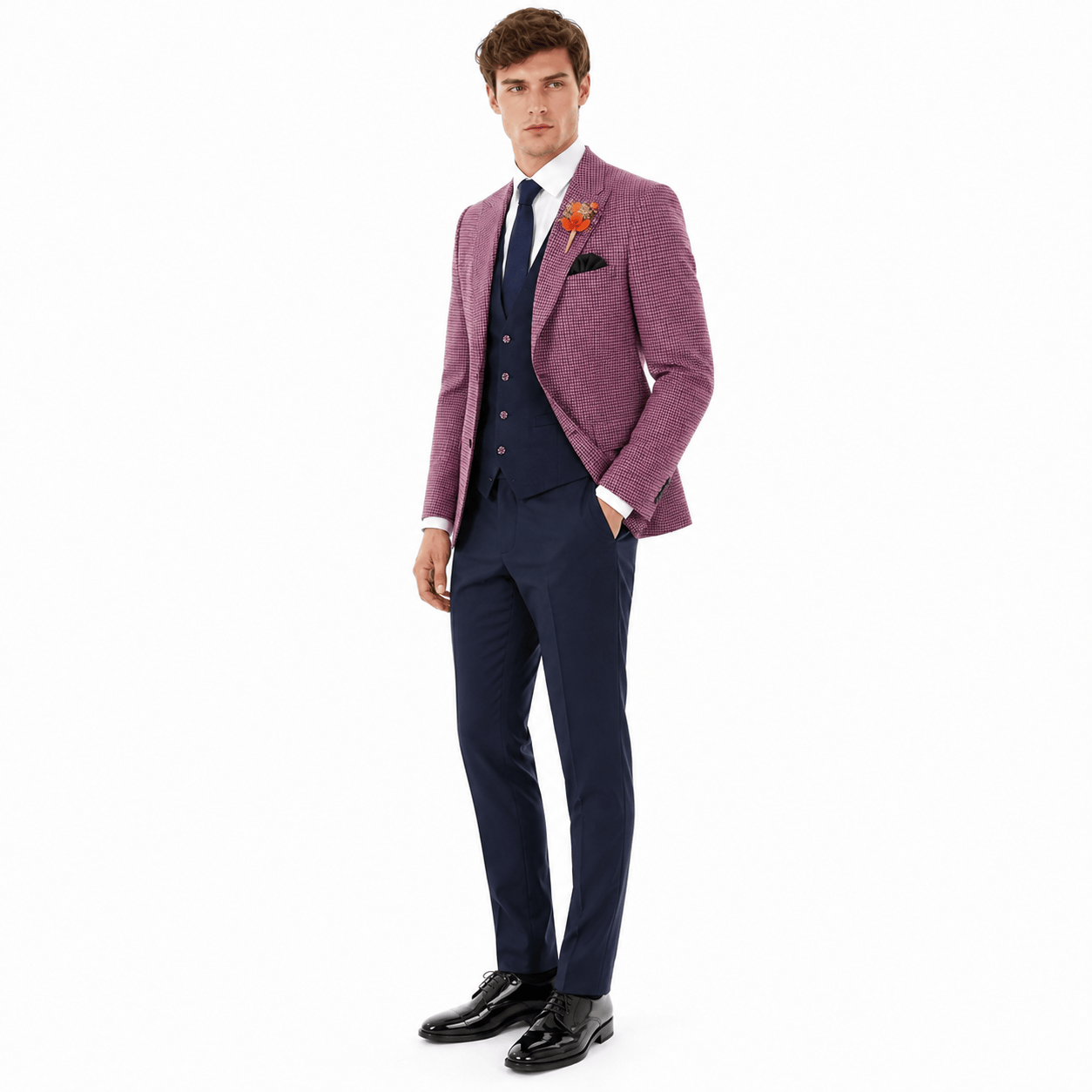 Ceehuteey Ceehuteey Men's 3 Pieces Checked Houndstooth Peak Lapel Suits (Blazer+Vest+Pants)