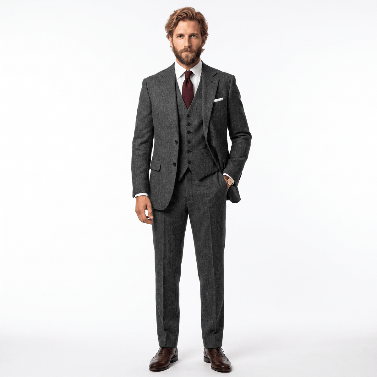 Ceehuteey Ceehuteey Men's Herringbone 3 Pieces Notch Lapel Men's Suits (Blazer+Vest+Pants)