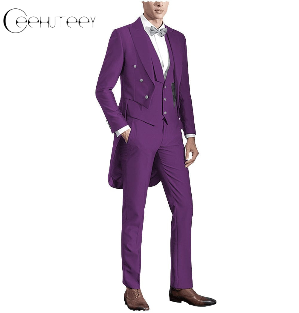 ceehuteey Classic Men's 3 Pieces Tailcoat Slim Fit Peak Lapel Tuxedos Swallow-Tailed Coat Groomsmen (Blazer+vest+Pants)