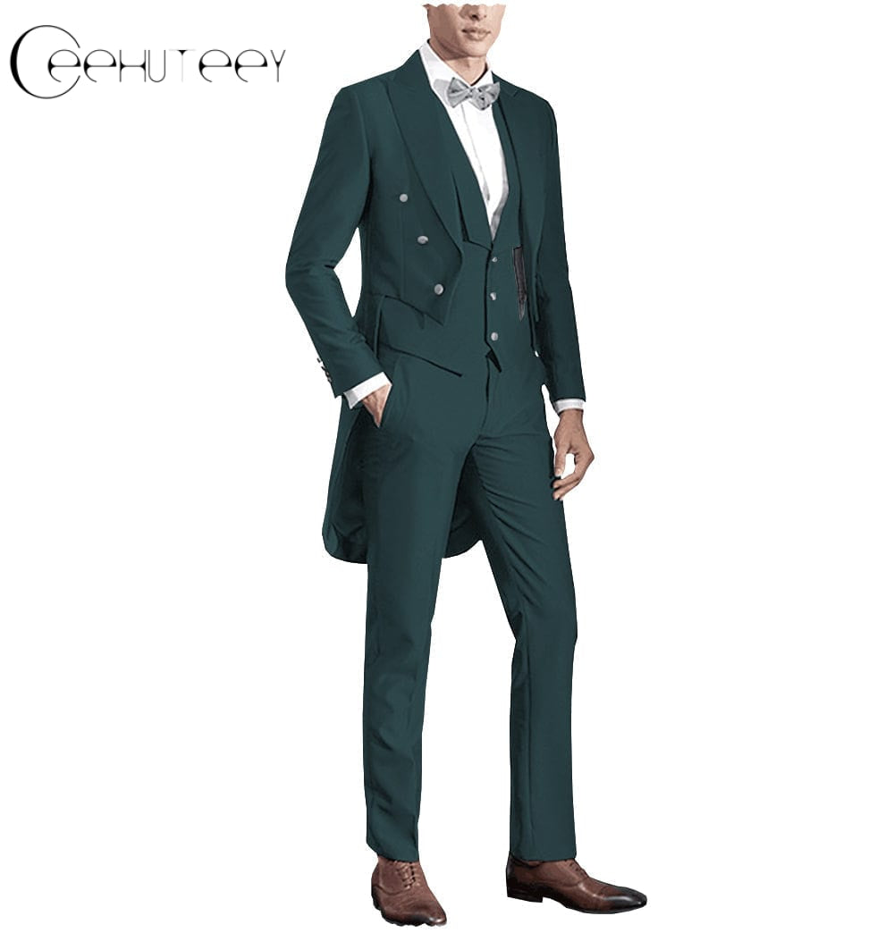 ceehuteey Classic Men's 3 Pieces Tailcoat Slim Fit Peak Lapel Tuxedos Swallow-Tailed Coat Groomsmen (Blazer+vest+Pants)