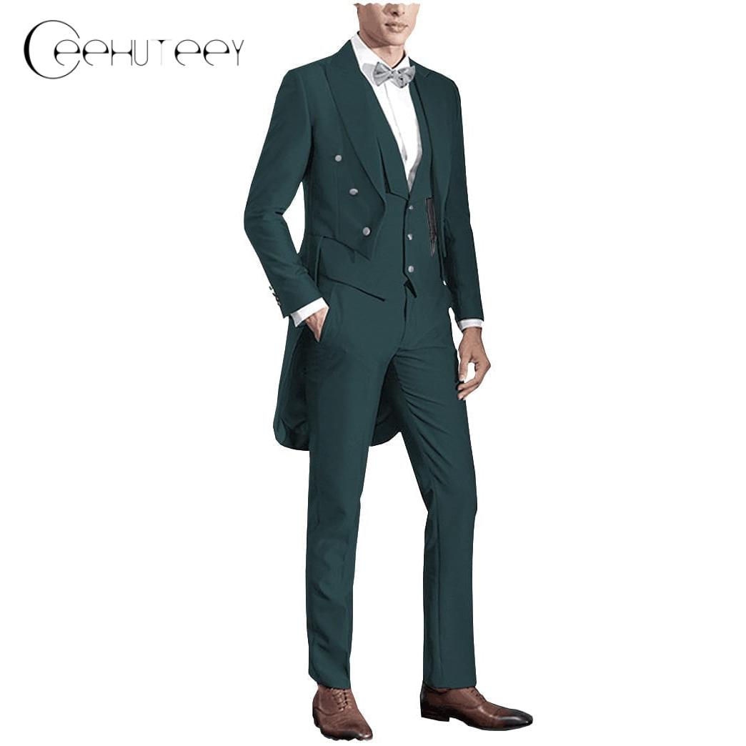 ceehuteey Classic Men's 3 Pieces Tailcoat Slim Fit Peak Lapel Tuxedos Swallow-Tailed Coat Groomsmen (Blazer+vest+Pants)