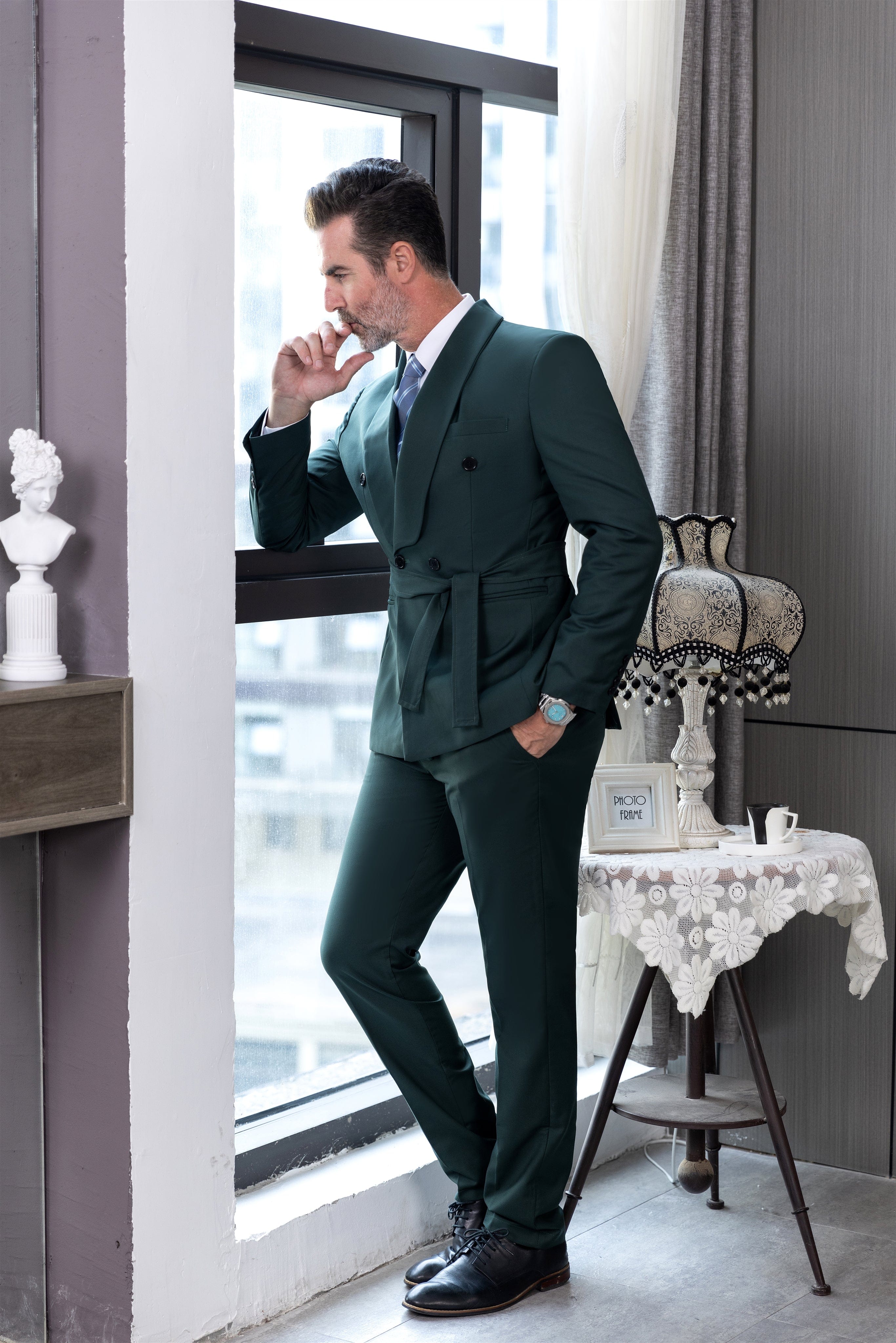 ceehuteey Fashion Casual Men's 2 Pieces Shawl Lapel Double Breasted Suit (Blazer+Pants)