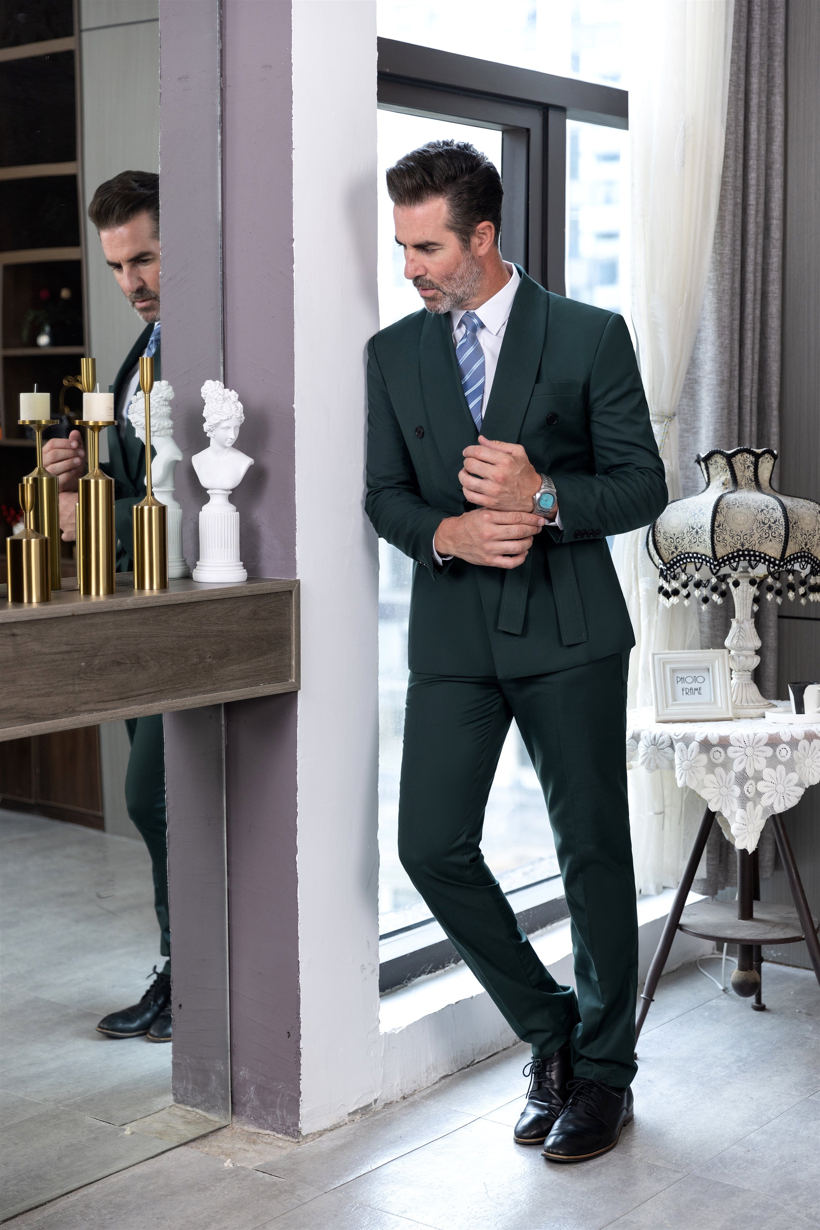 ceehuteey Fashion Casual Men's 2 Pieces Shawl Lapel Double Breasted Suit (Blazer+Pants)