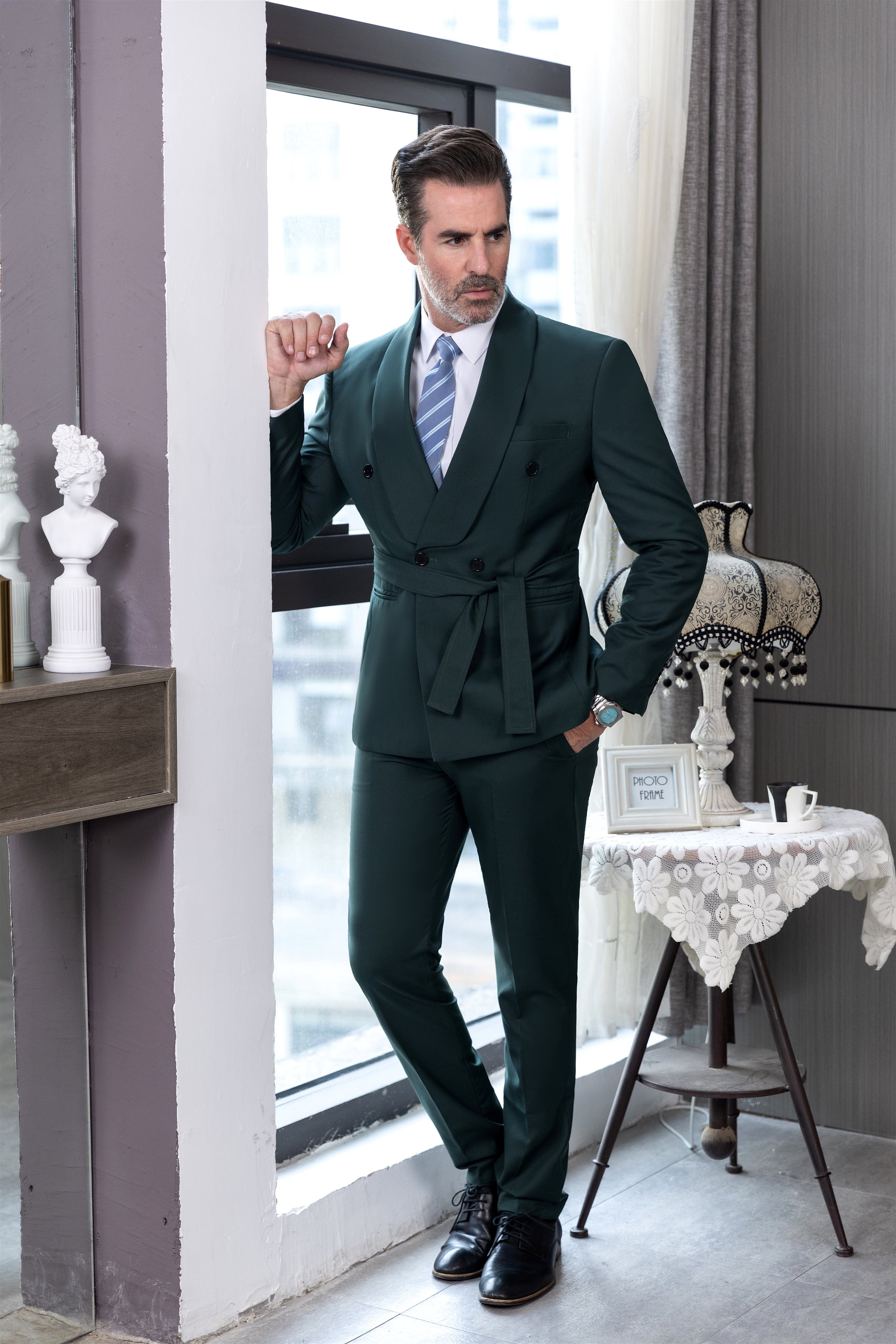 ceehuteey Fashion Casual Men's 2 Pieces Shawl Lapel Double Breasted Suit (Blazer+Pants)