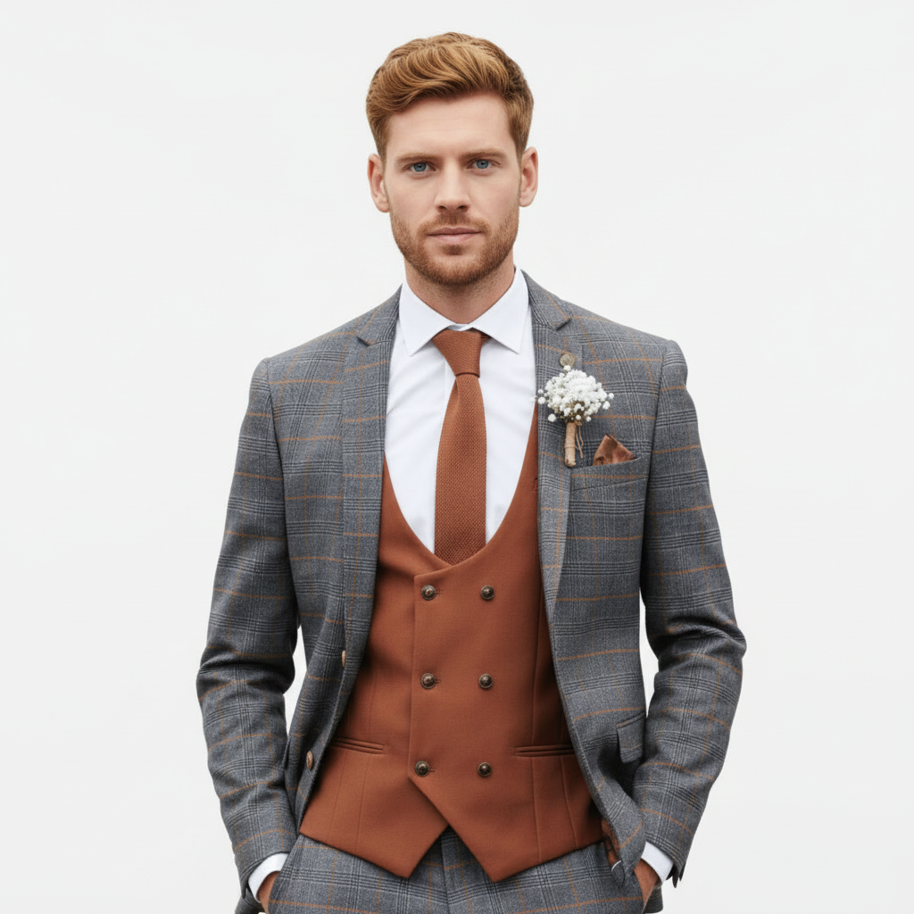 ceehuteey Fashionable Men's 3 piece Plaid Notch Lapel Double Breasted British style Multiple Occasions suits (Blazer+vest+Pants)