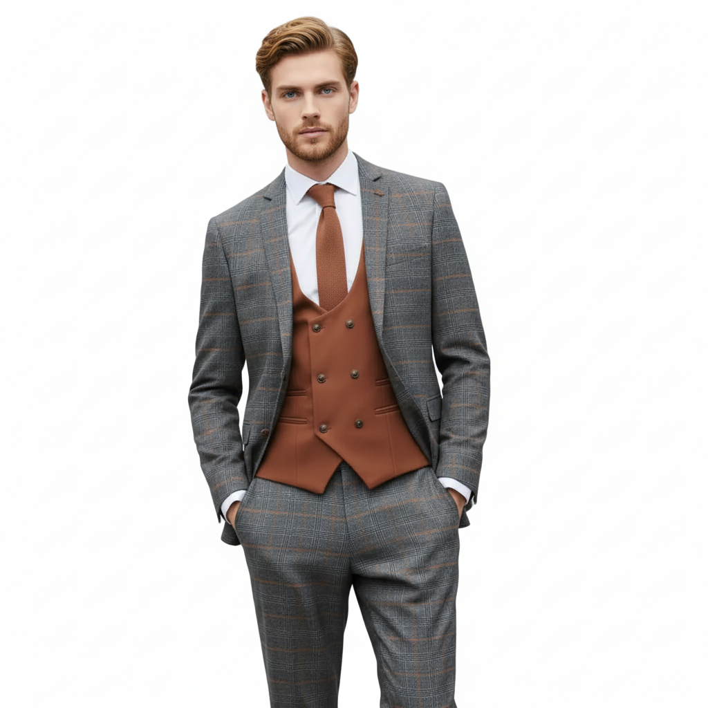 ceehuteey Fashionable Men's 3 piece Plaid Notch Lapel Double Breasted British style Multiple Occasions suits (Blazer+vest+Pants)
