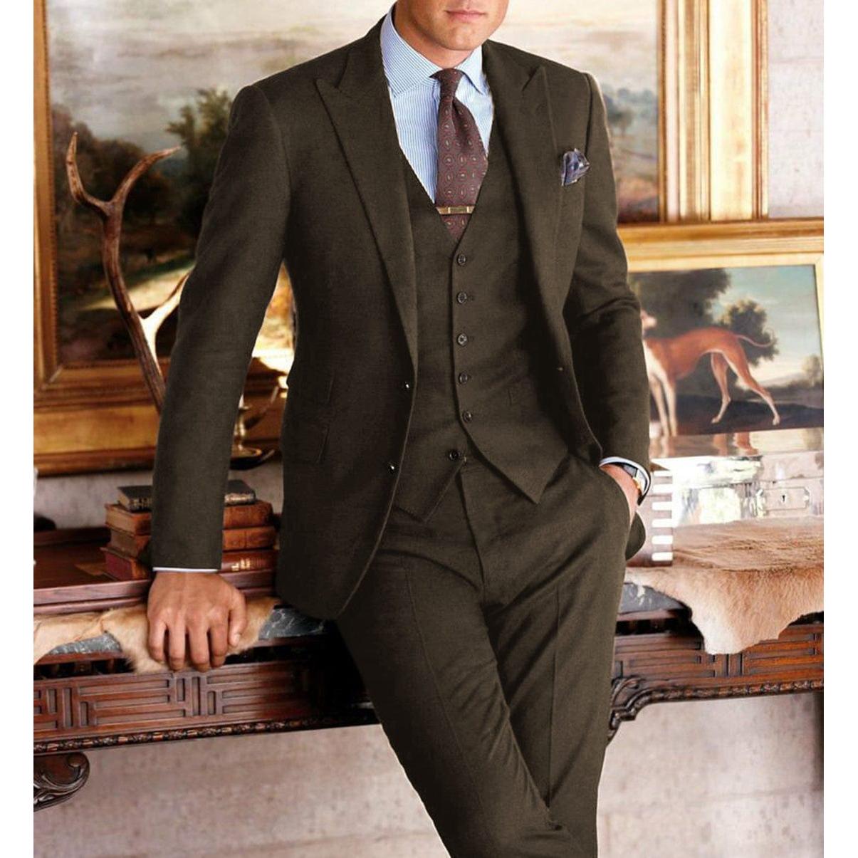 ceehuteey Formal Herringbone Men's 3 Pieces Fashion Tweed Notch Lapel Suits (Blazer+Vest+Pants)