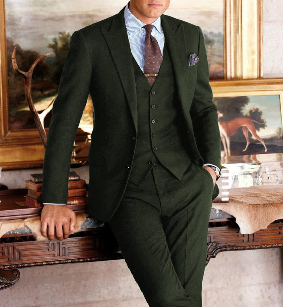 ceehuteey Formal Herringbone Men's 3 Pieces Fashion Tweed Notch Lapel Suits (Blazer+Vest+Pants)