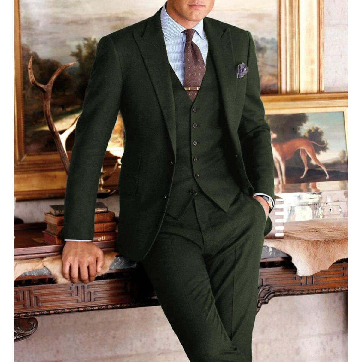 ceehuteey Formal Herringbone Men's 3 Pieces Fashion Tweed Notch Lapel Suits (Blazer+Vest+Pants)