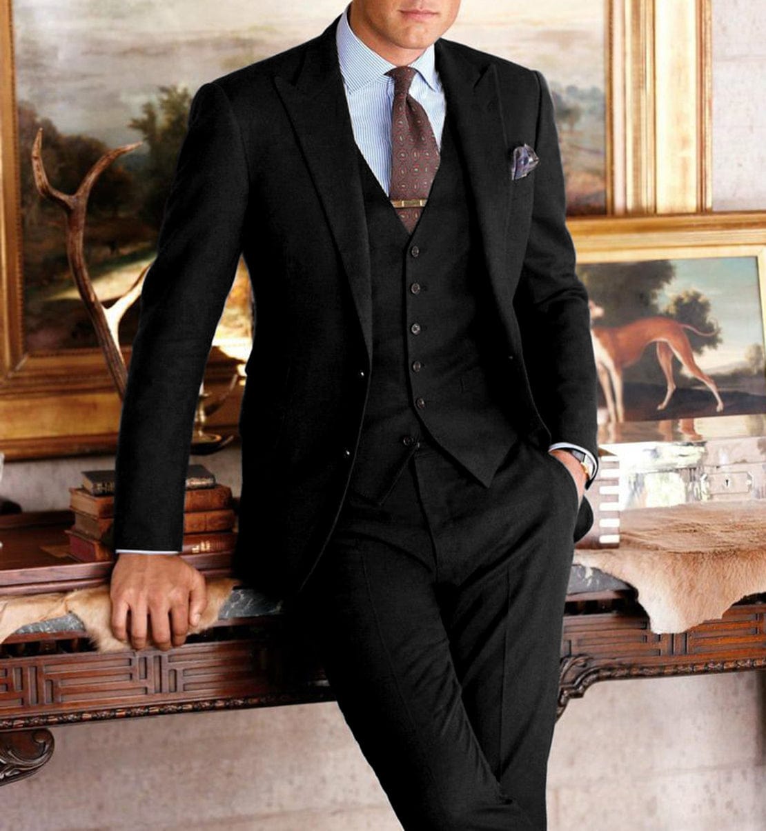 ceehuteey Formal Herringbone Men's 3 Pieces Fashion Tweed Notch Lapel Suits (Blazer+Vest+Pants)