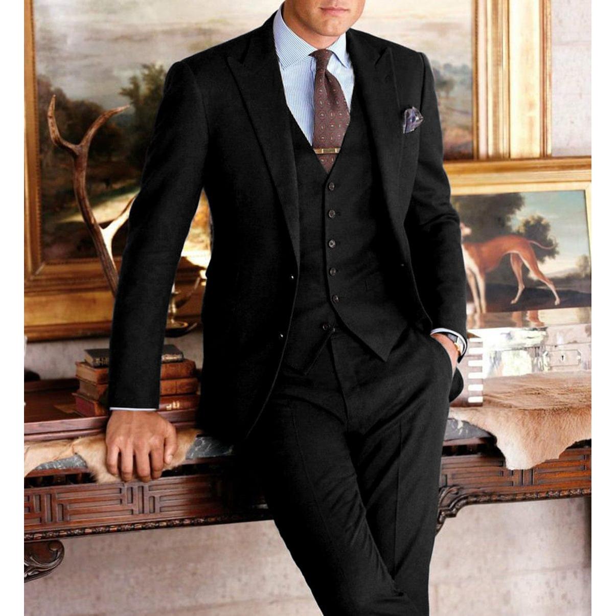 ceehuteey Formal Herringbone Men's 3 Pieces Fashion Tweed Notch Lapel Suits (Blazer+Vest+Pants)