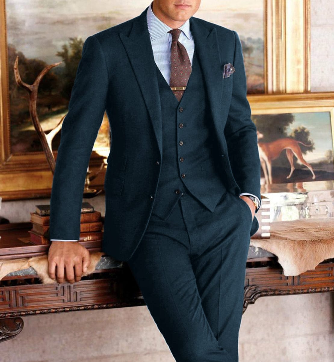ceehuteey Formal Herringbone Men's 3 Pieces Fashion Tweed Notch Lapel Suits (Blazer+Vest+Pants)