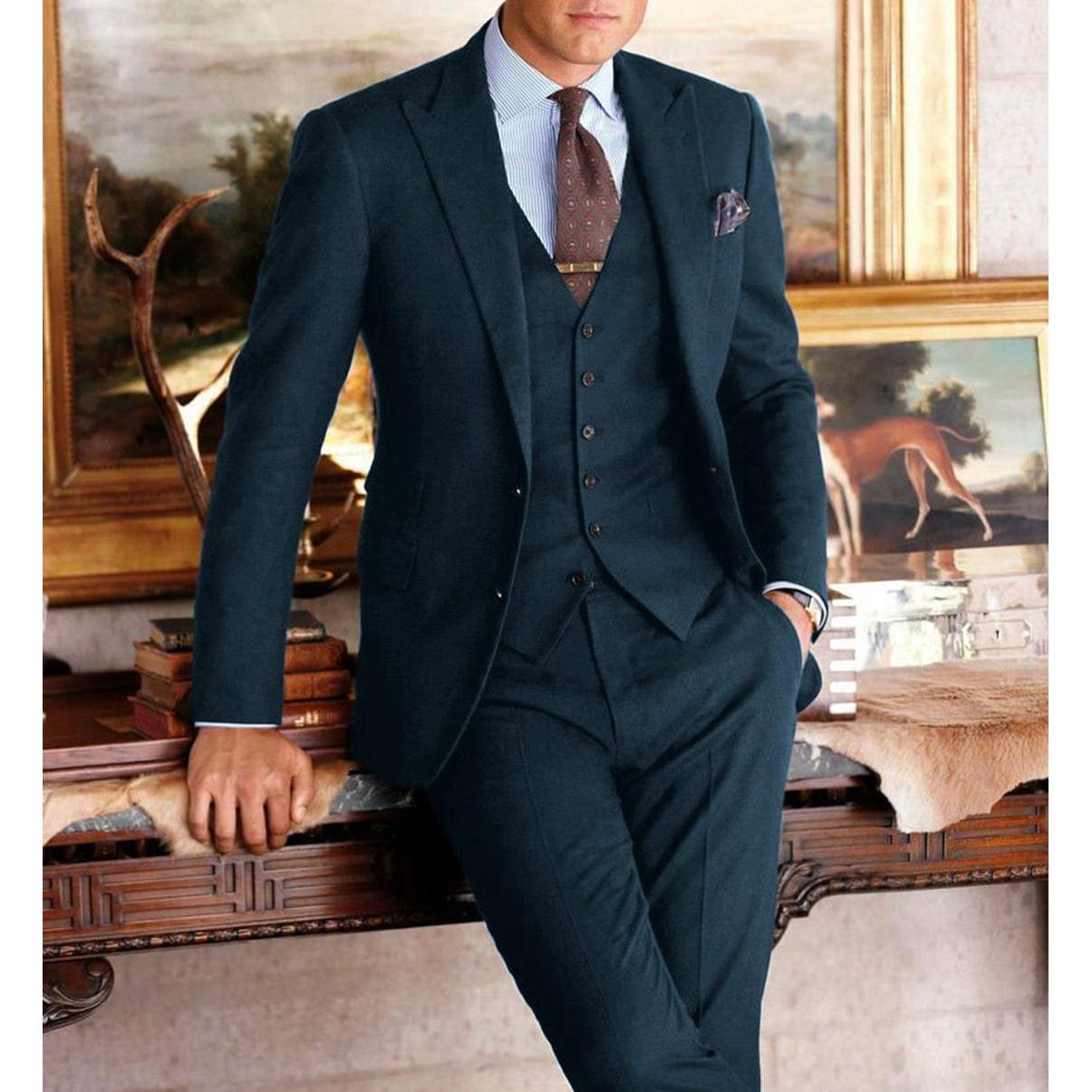 ceehuteey Formal Herringbone Men's 3 Pieces Fashion Tweed Notch Lapel Suits (Blazer+Vest+Pants)