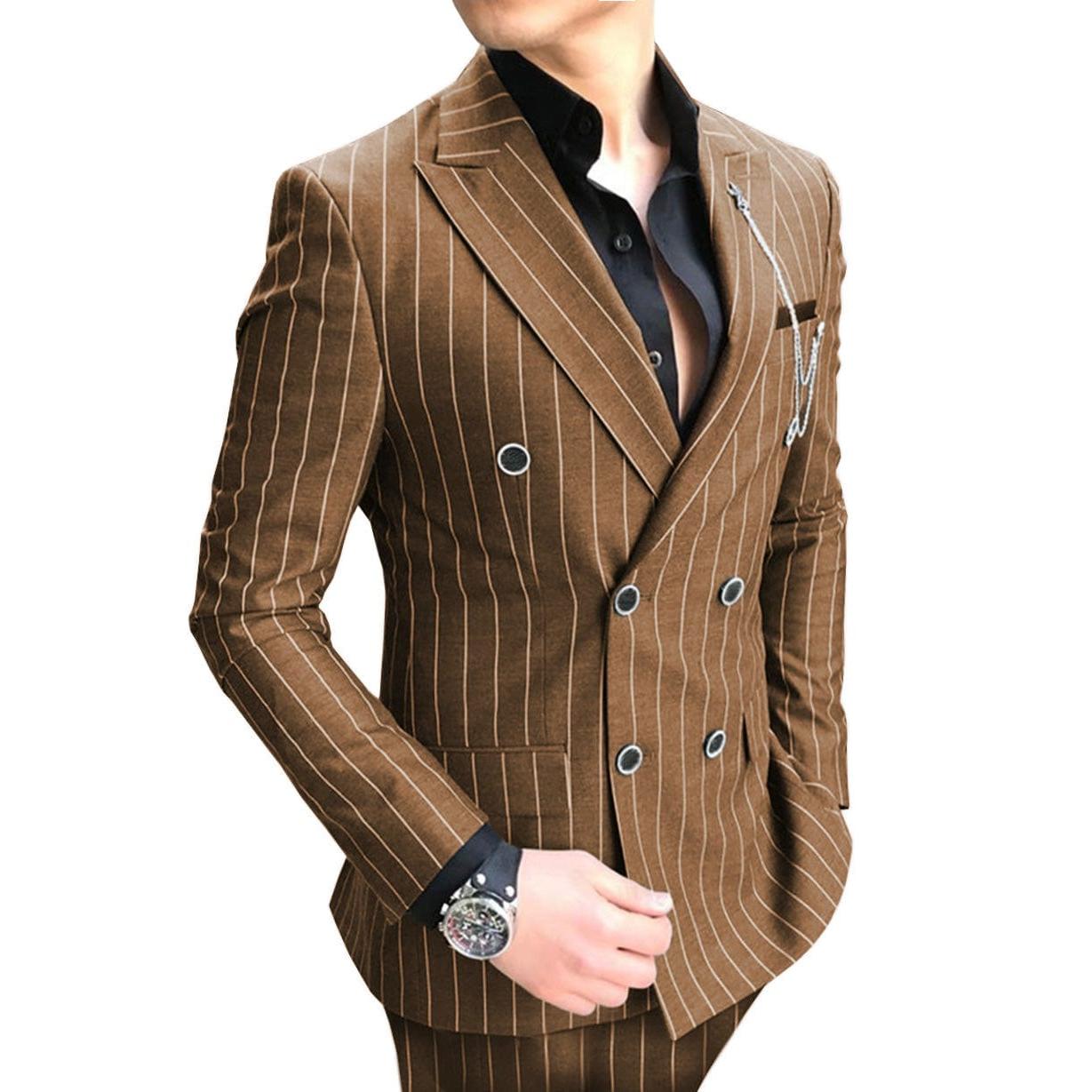 ceehuteey Formal Men's 2 Pieces Pinstripe Suit Peak Lapel Striped Tuxedos (Blazer+Pants)