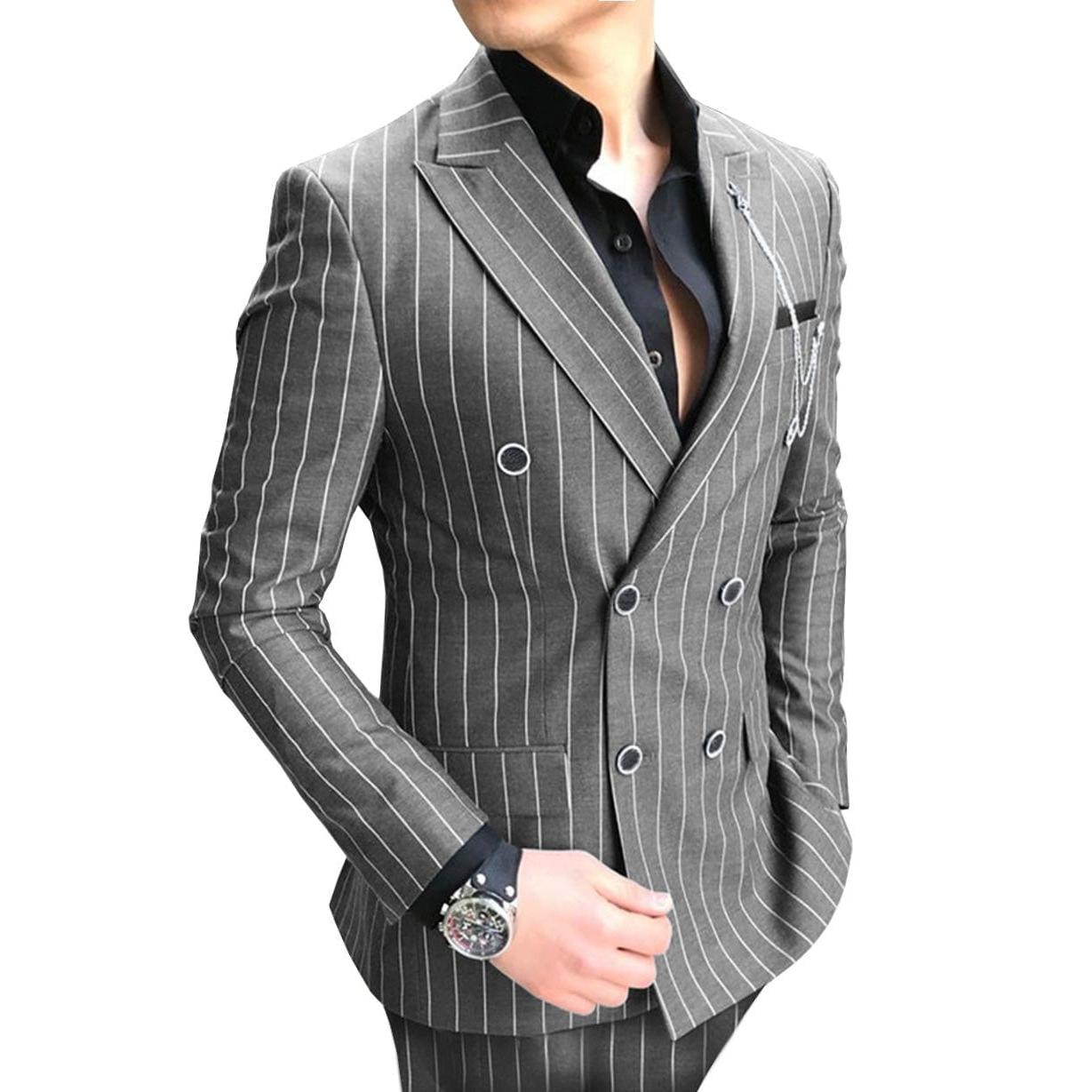 ceehuteey Formal Men's 2 Pieces Pinstripe Suit Peak Lapel Striped Tuxedos (Blazer+Pants)
