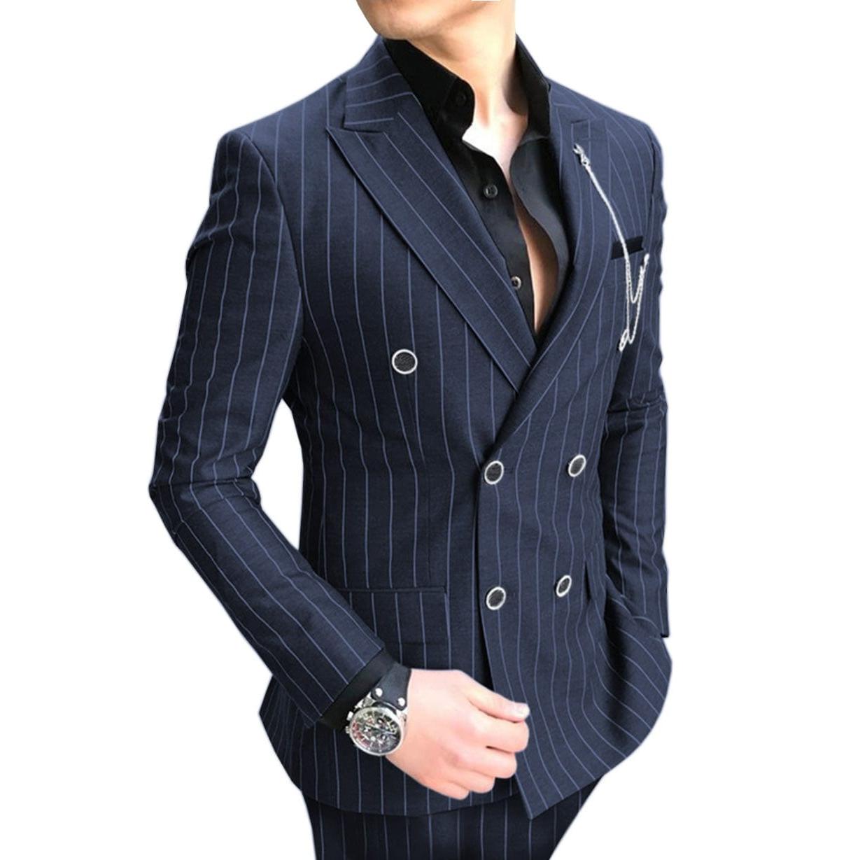 ceehuteey Formal Men's 2 Pieces Pinstripe Suit Peak Lapel Striped Tuxedos (Blazer+Pants)