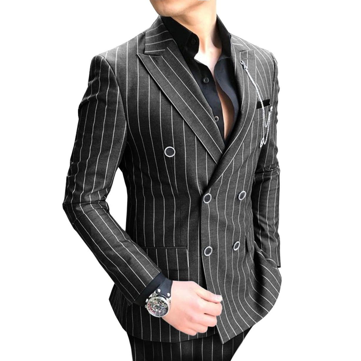 ceehuteey Formal Men's 2 Pieces Pinstripe Suit Peak Lapel Striped Tuxedos (Blazer+Pants)