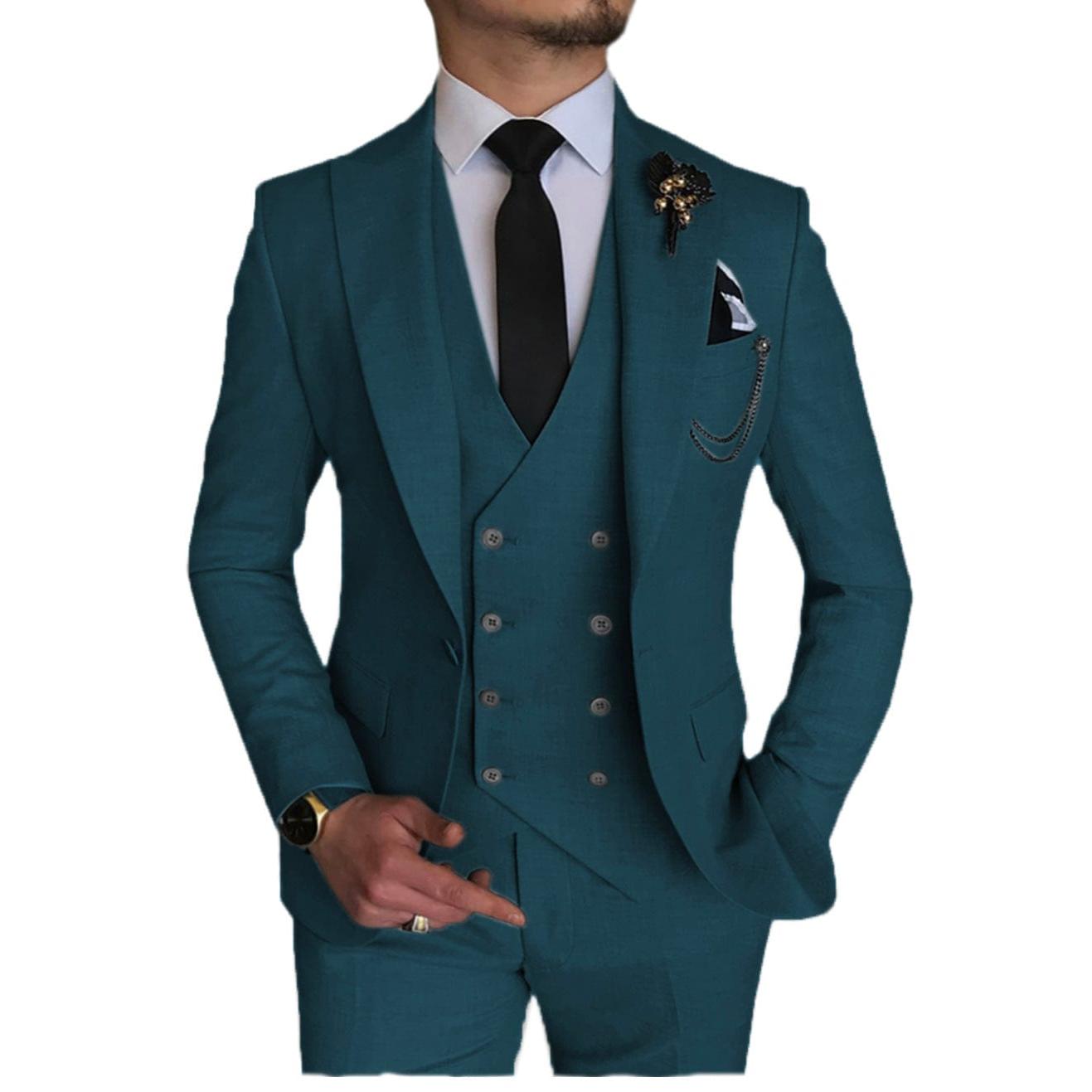 ceehuteey Formal Men's 3 Pieces Flat Peak Lapel Tuxedos For Wedding (Blazer+vest+Pants)