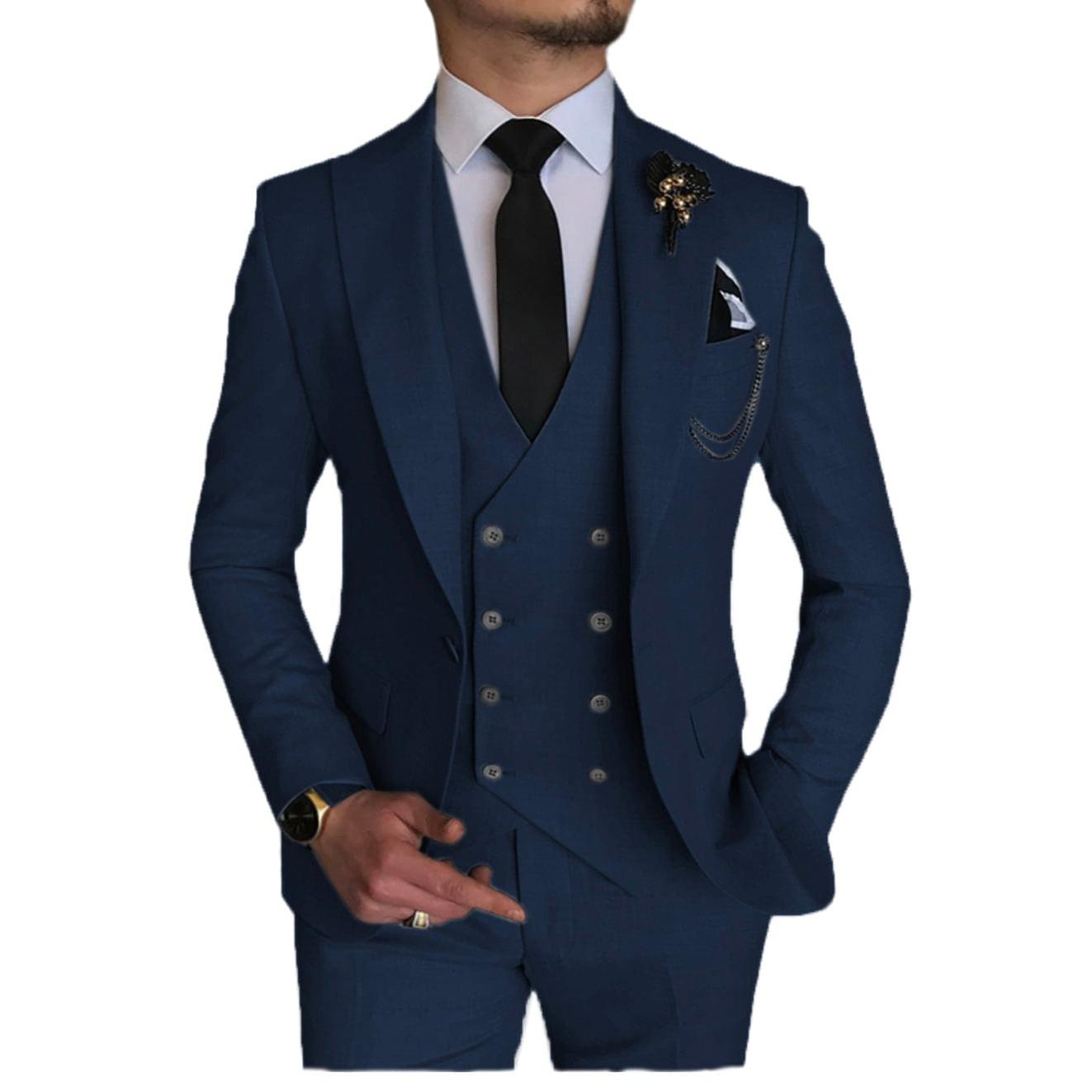 ceehuteey Formal Men's 3 Pieces Flat Peak Lapel Tuxedos For Wedding (Blazer+vest+Pants)