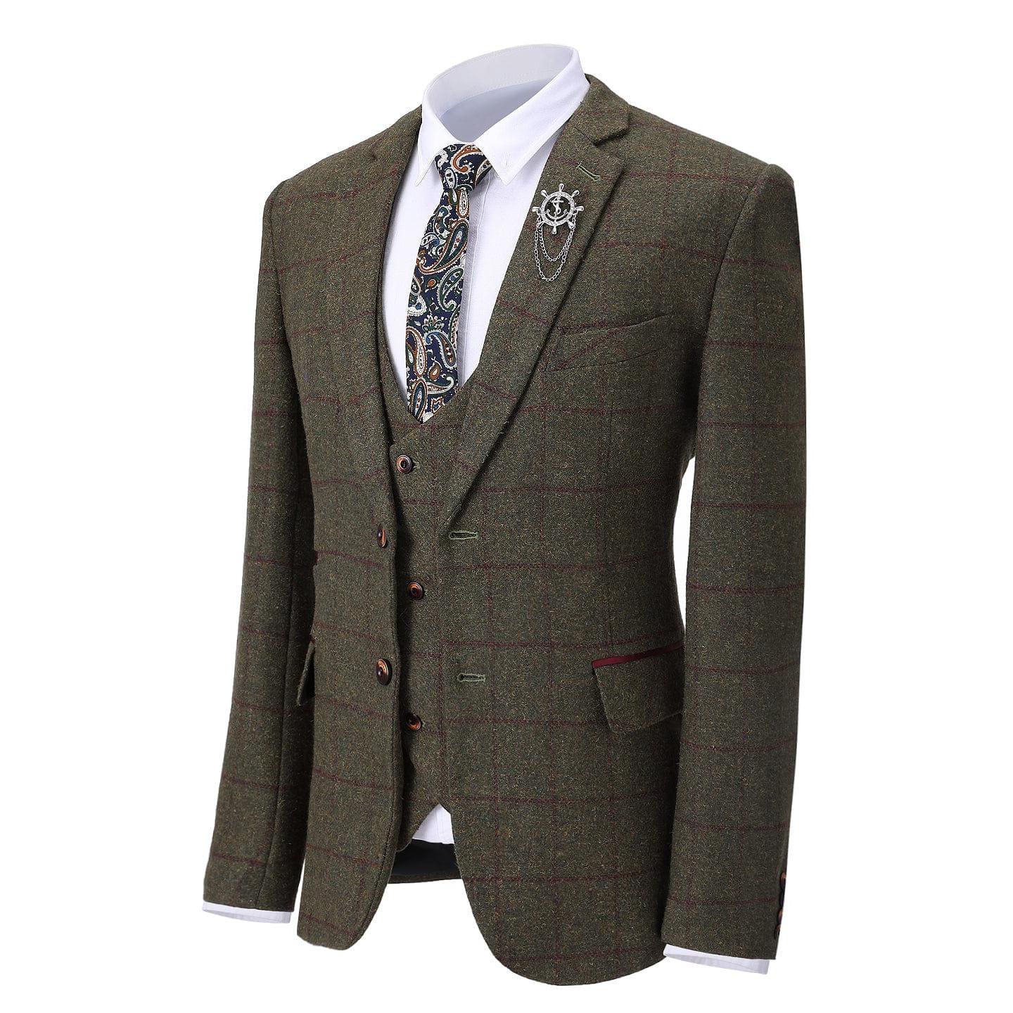 ceehuteey Formal Men's Business 3 Pieces Tweed Plaid Notch Lapel Suit Men for Wedding(Blazer+vest+Pants)
