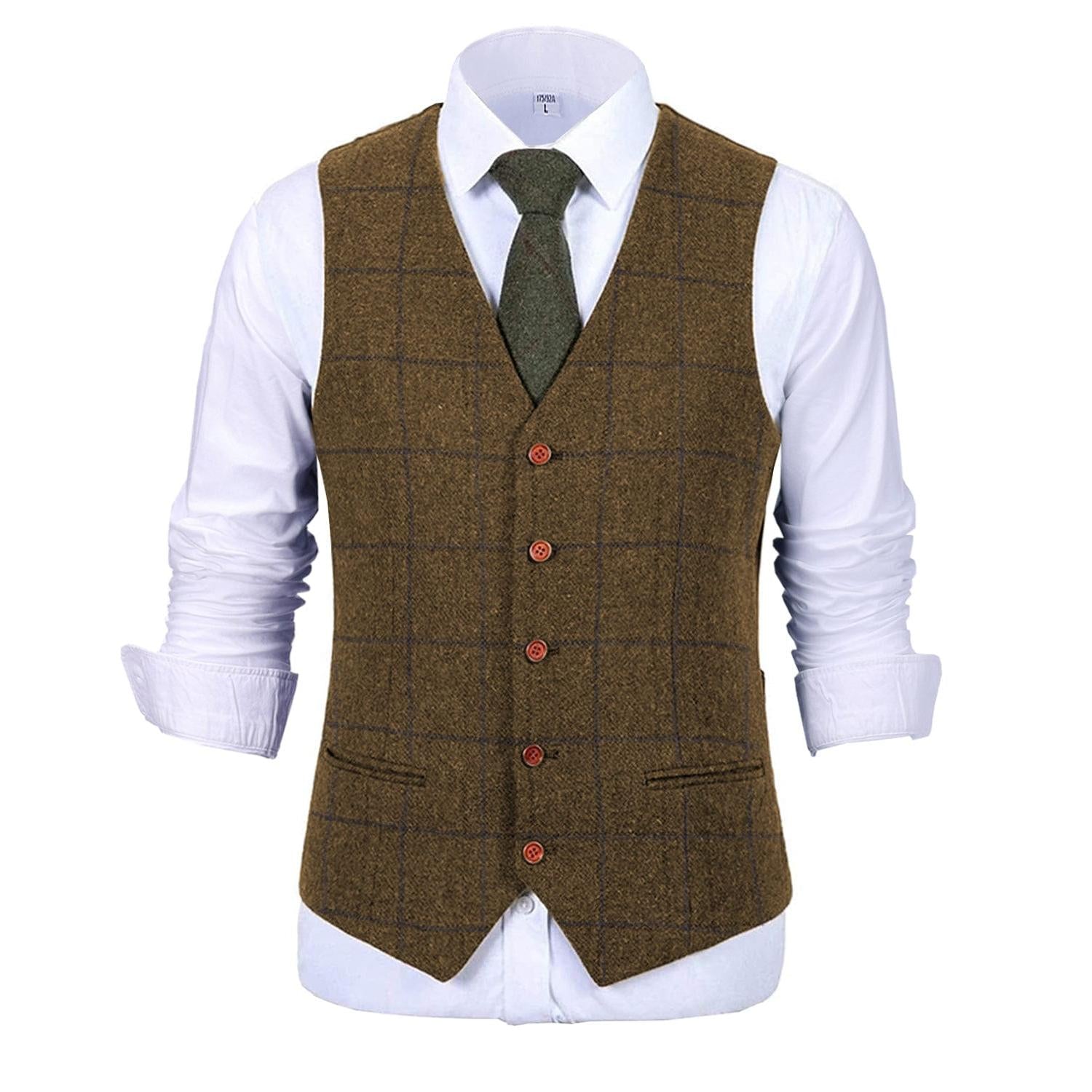 ceehuteey Formal Men's Suit Vest Tweed Plaid V Neck Waistcoat