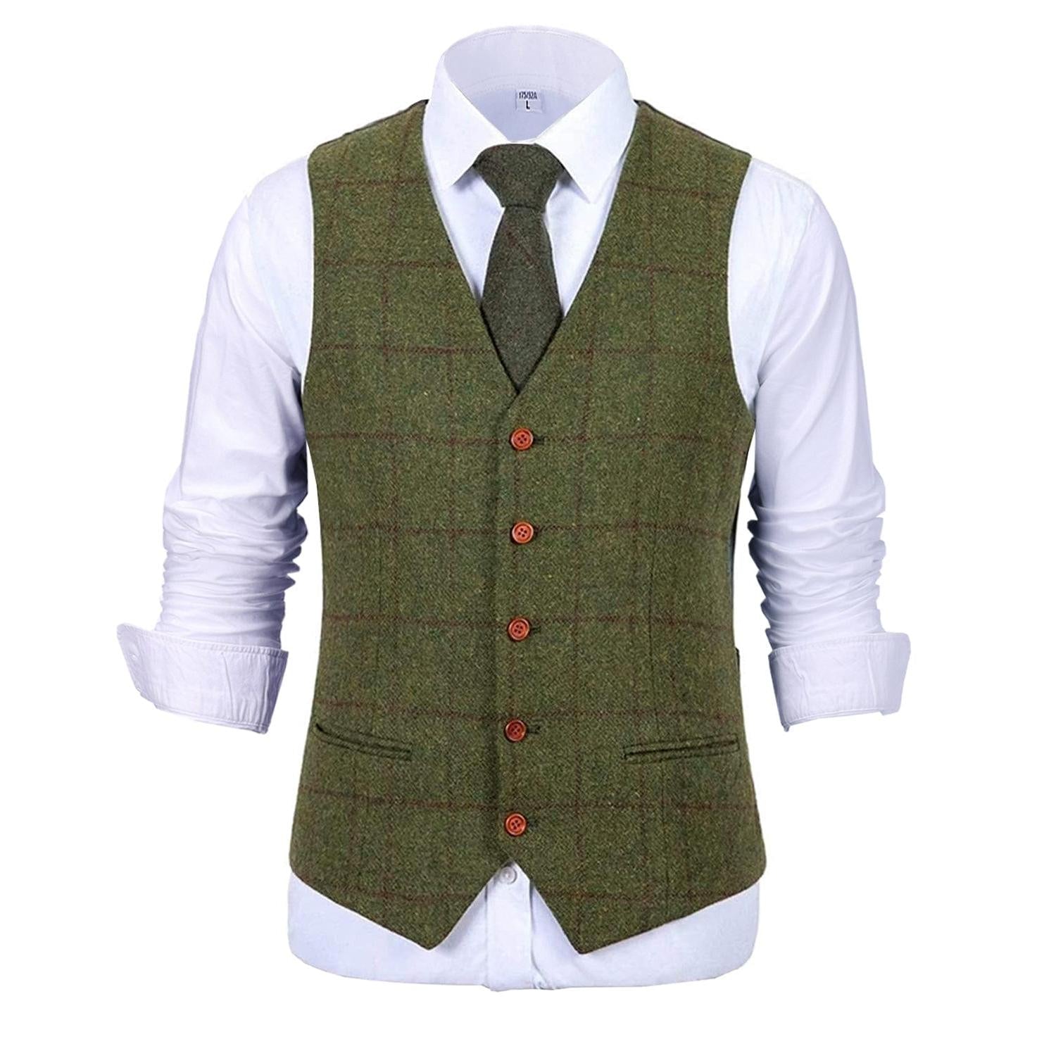 ceehuteey Formal Men's Suit Vest Tweed Plaid V Neck Waistcoat