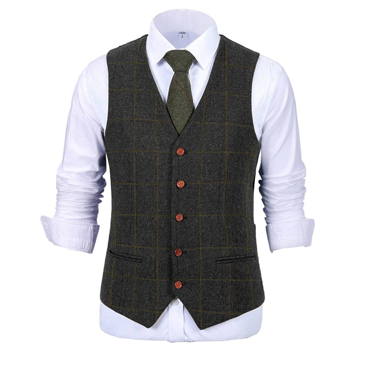 ceehuteey Formal Men's Suit Vest Tweed Plaid V Neck Waistcoat