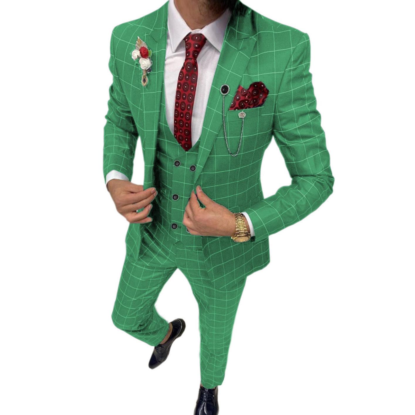 ceehuteey Formal Mens Suit 3 Pieces Check Plaid Peak Lapel Tuxedos for Wedding (Blazer+Vest+Pants)