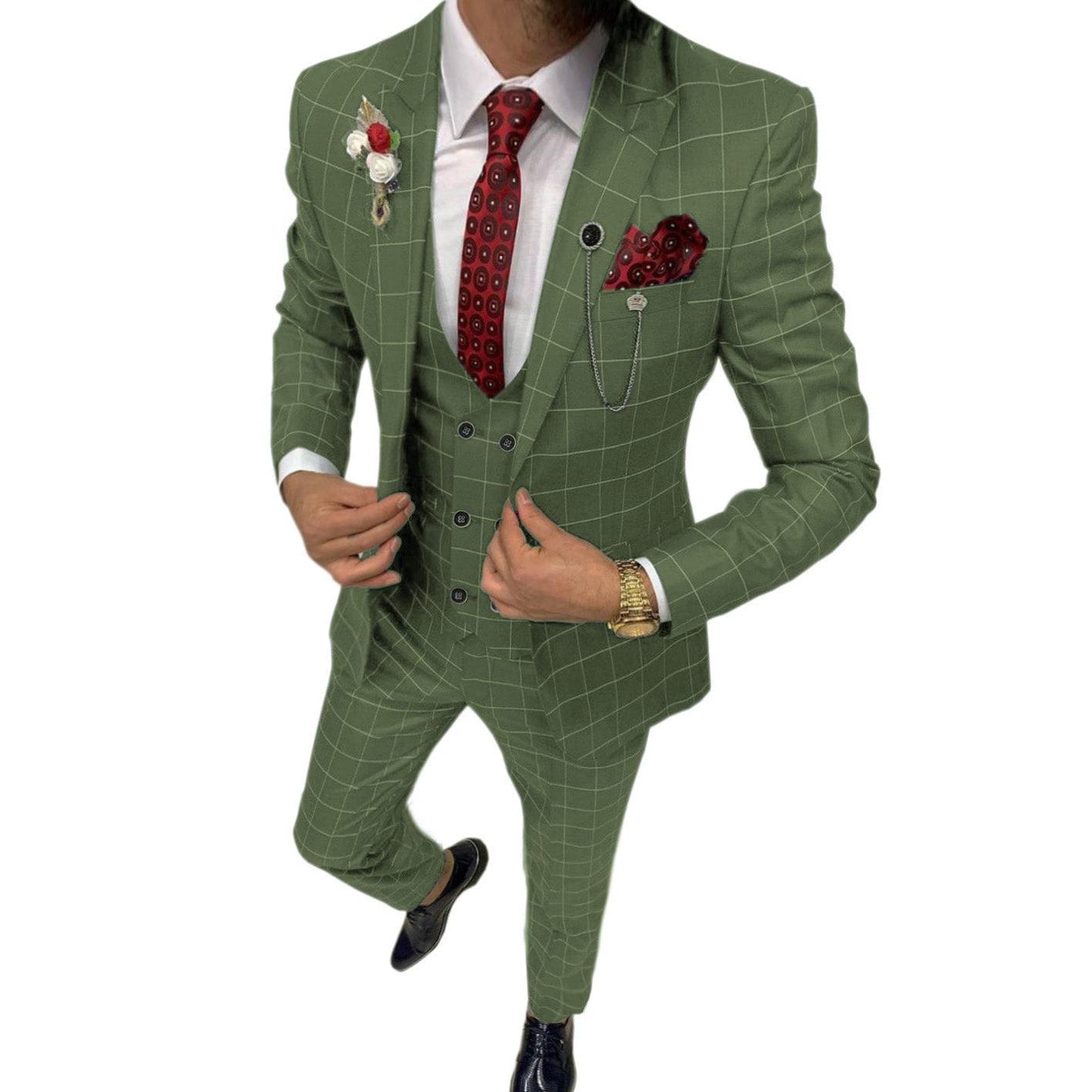 ceehuteey Formal Mens Suit 3 Pieces Check Plaid Peak Lapel Tuxedos for Wedding (Blazer+Vest+Pants)