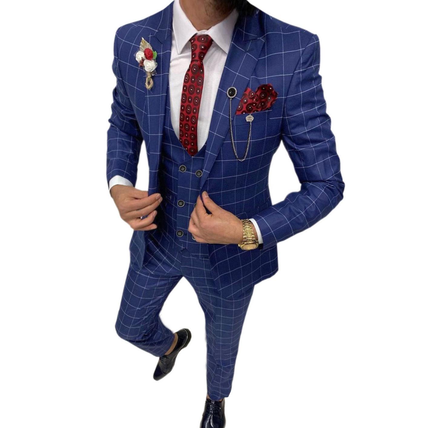 ceehuteey Formal Mens Suit 3 Pieces Check Plaid Peak Lapel Tuxedos for Wedding (Blazer+Vest+Pants)