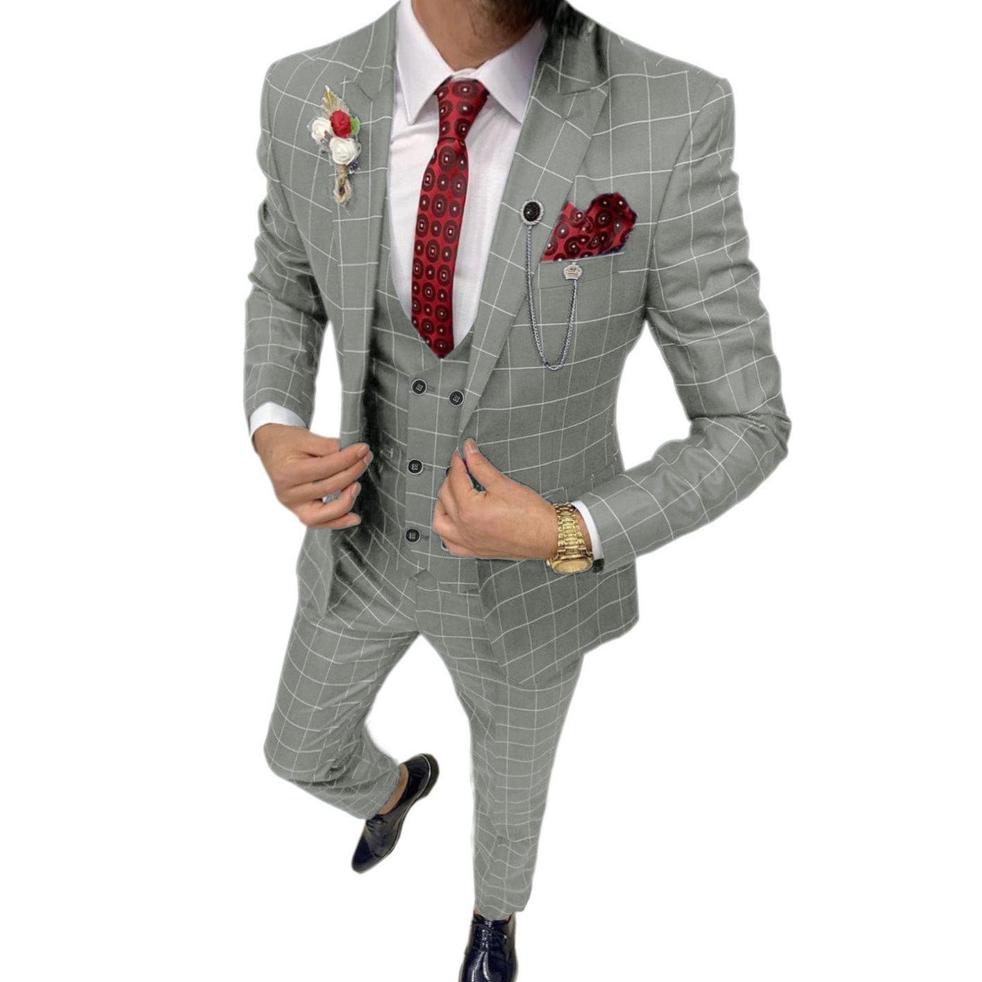 ceehuteey Formal Mens Suit 3 Pieces Check Plaid Peak Lapel Tuxedos for Wedding (Blazer+Vest+Pants)