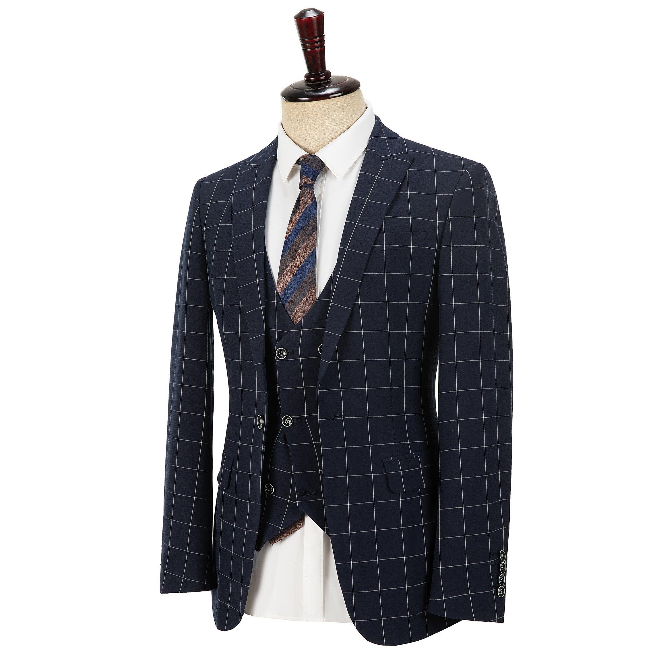 ceehuteey Formal Mens Suit 3 Pieces Check Plaid Peak Lapel Tuxedos for Wedding (Blazer+Vest+Pants)