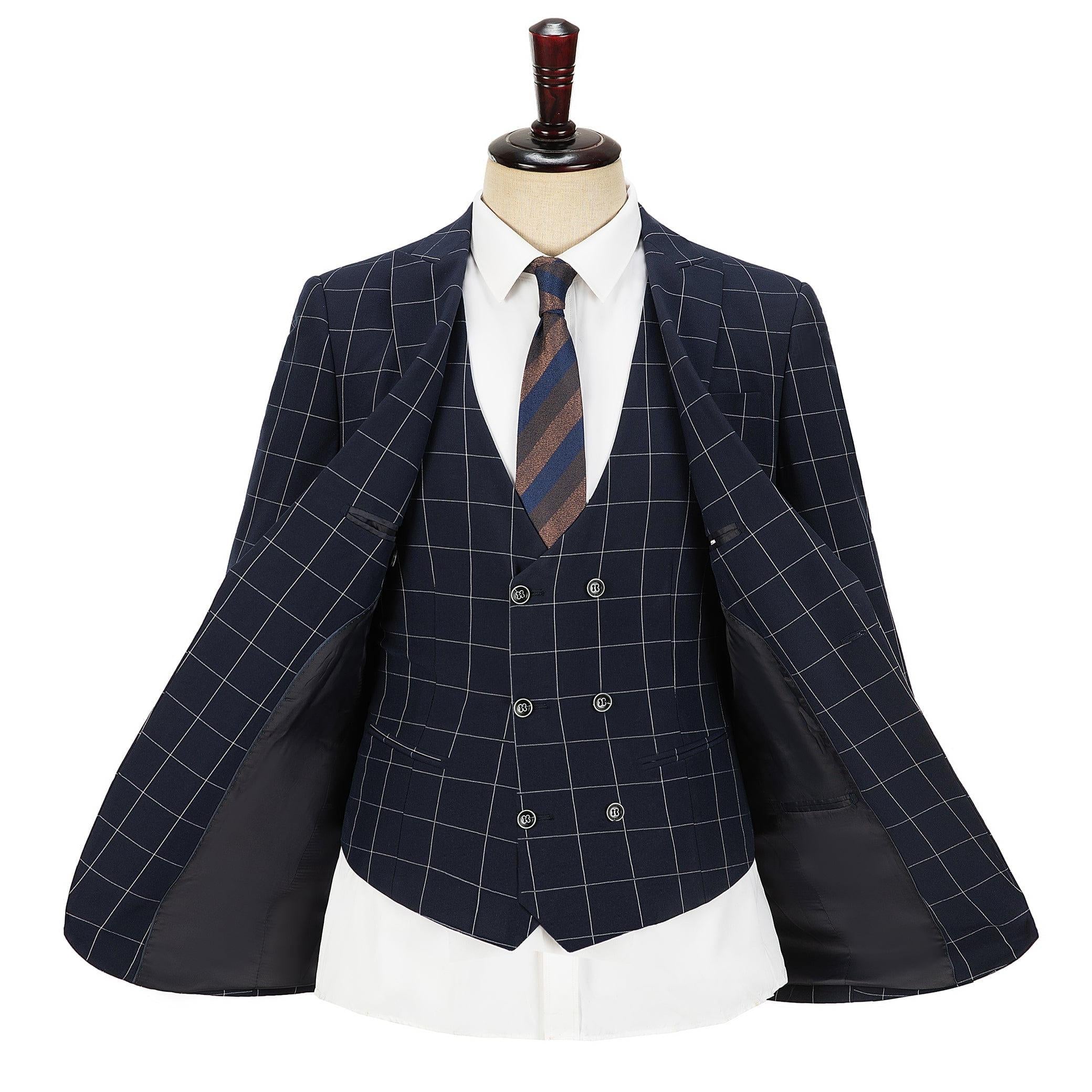 ceehuteey Formal Mens Suit 3 Pieces Check Plaid Peak Lapel Tuxedos for Wedding (Blazer+Vest+Pants)