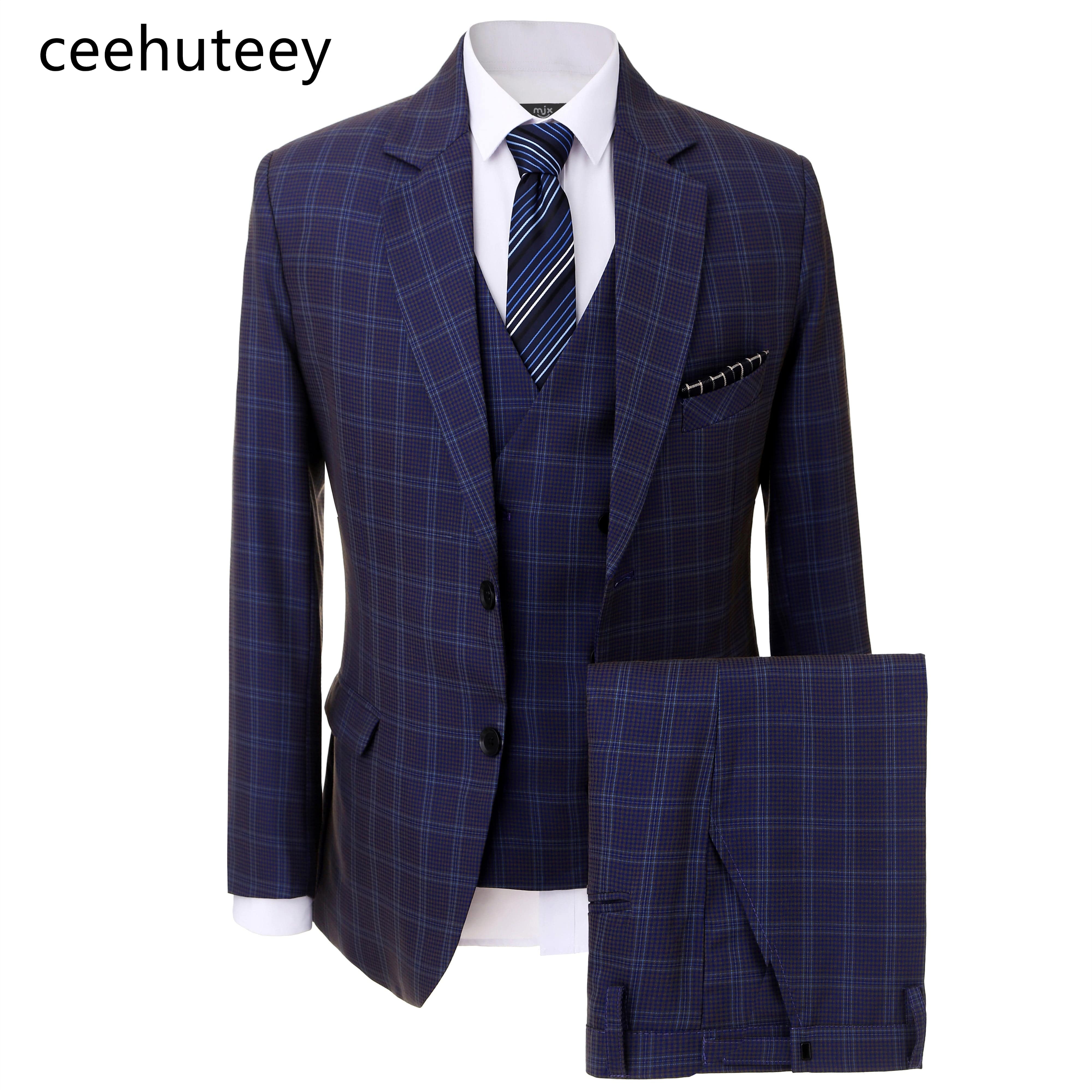 ceehuteey Formal Plaid Men's Business 3 Pieces Tweed Notch Lapel Suit (Blazer+vest+Pants)