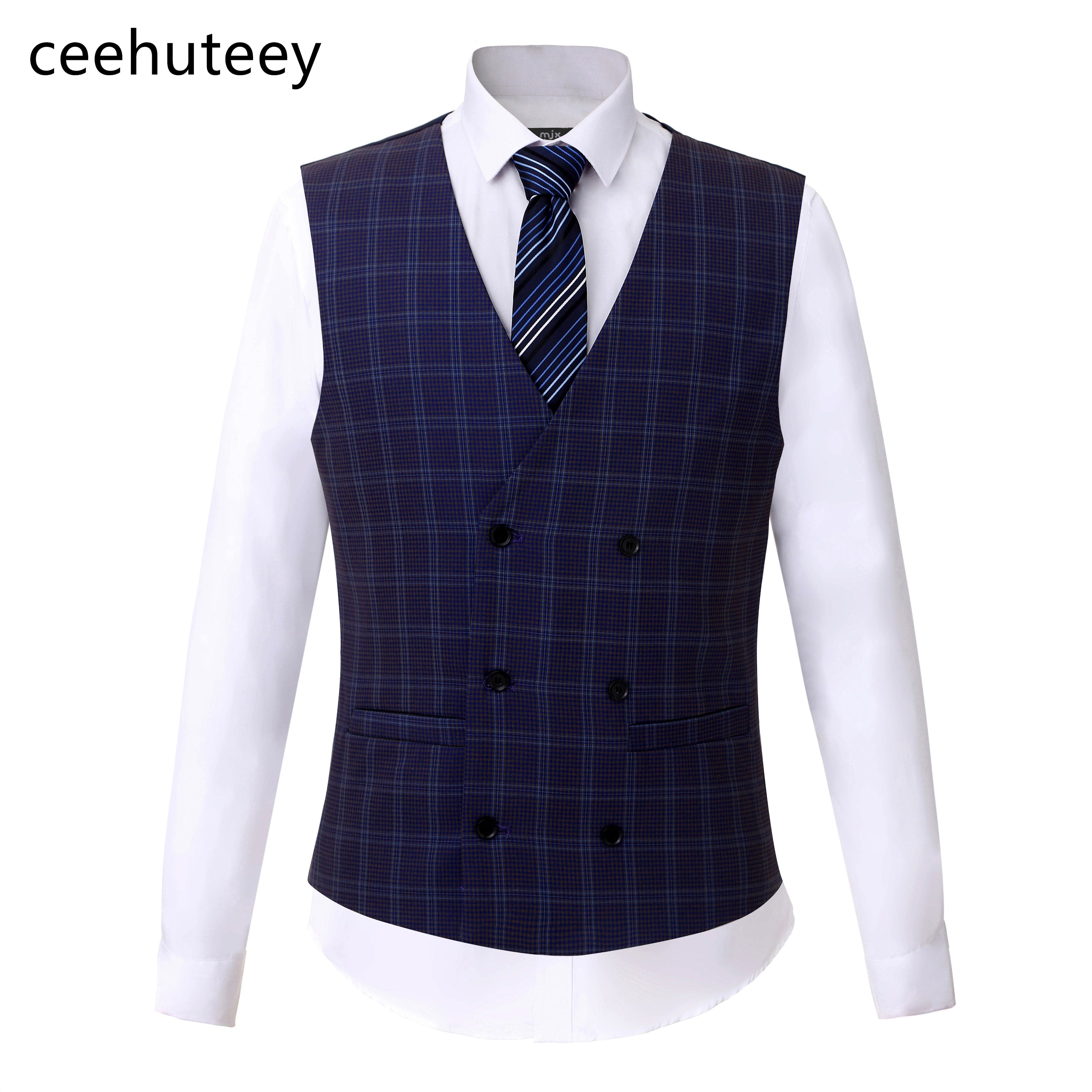 ceehuteey Formal Plaid Men's Business 3 Pieces Tweed Notch Lapel Suit (Blazer+vest+Pants)