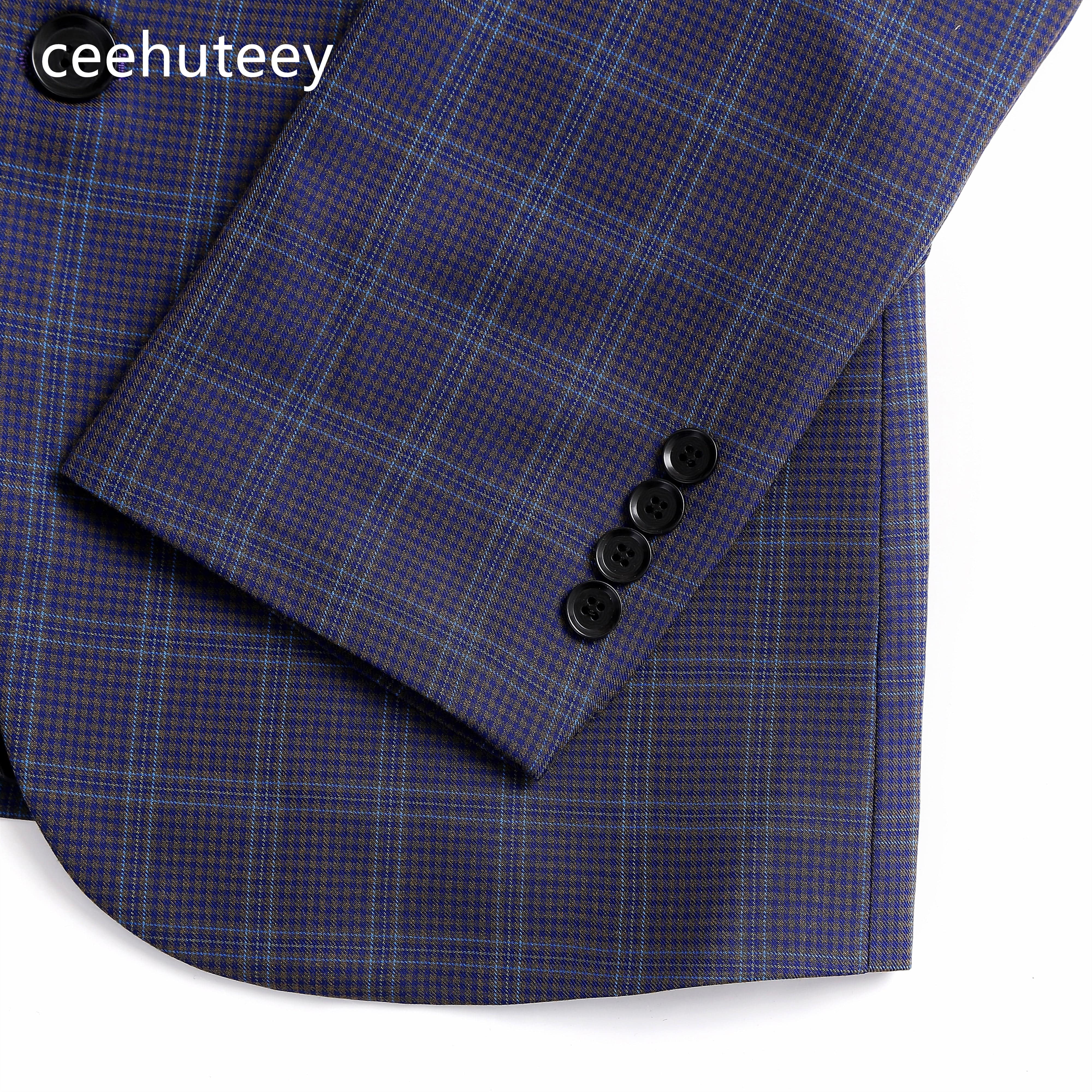 ceehuteey Formal Plaid Men's Business 3 Pieces Tweed Notch Lapel Suit (Blazer+vest+Pants)