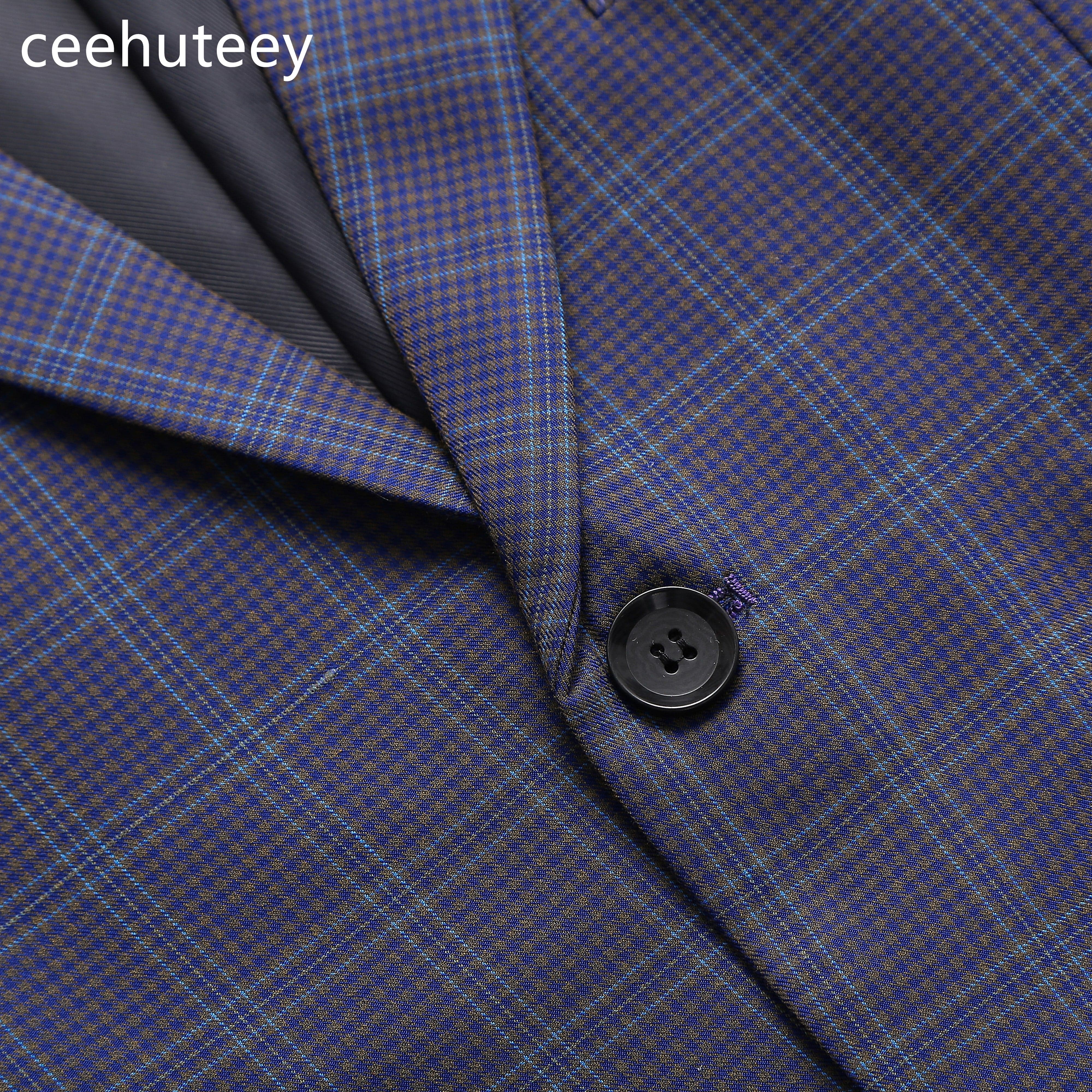 ceehuteey Formal Plaid Men's Business 3 Pieces Tweed Notch Lapel Suit (Blazer+vest+Pants)