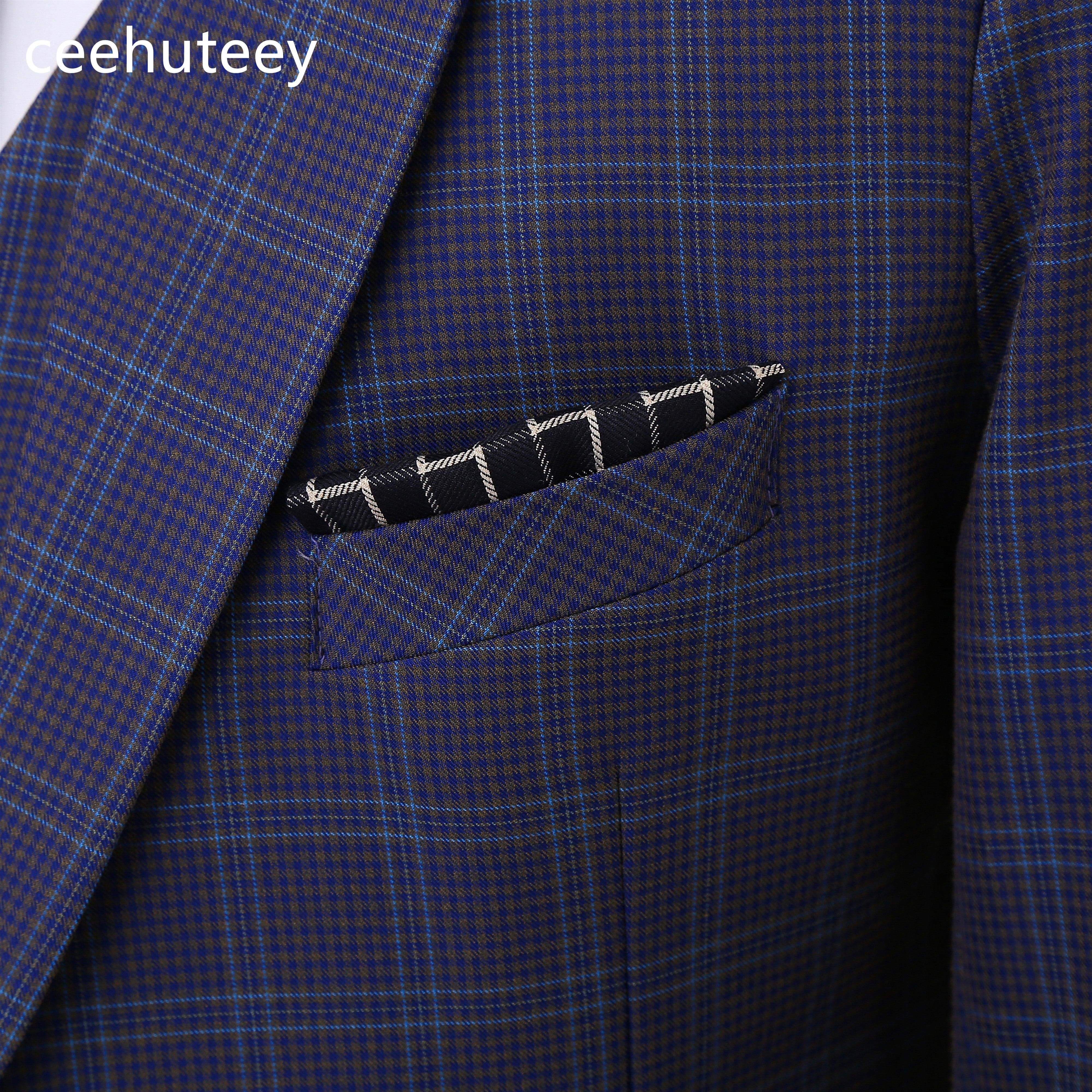 ceehuteey Formal Plaid Men's Business 3 Pieces Tweed Notch Lapel Suit (Blazer+vest+Pants)