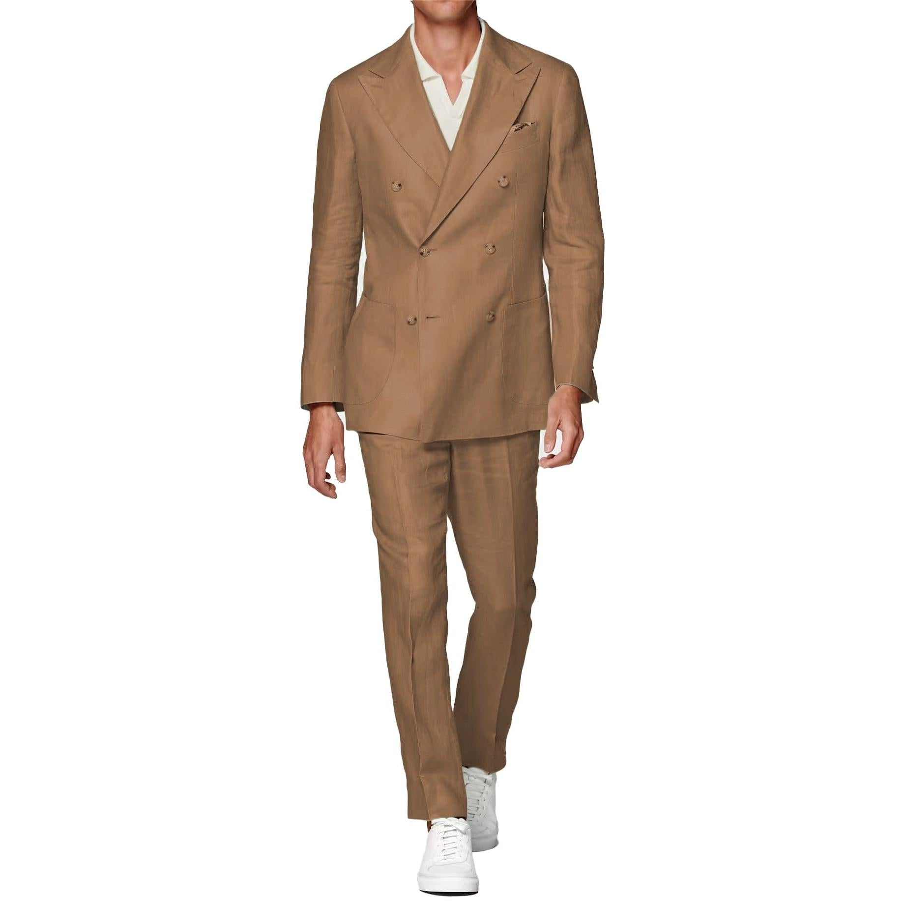 ceehuteey Linen Fashion Double Breasted Peak lapel for Men Solid Suit(Blazer+Pants)