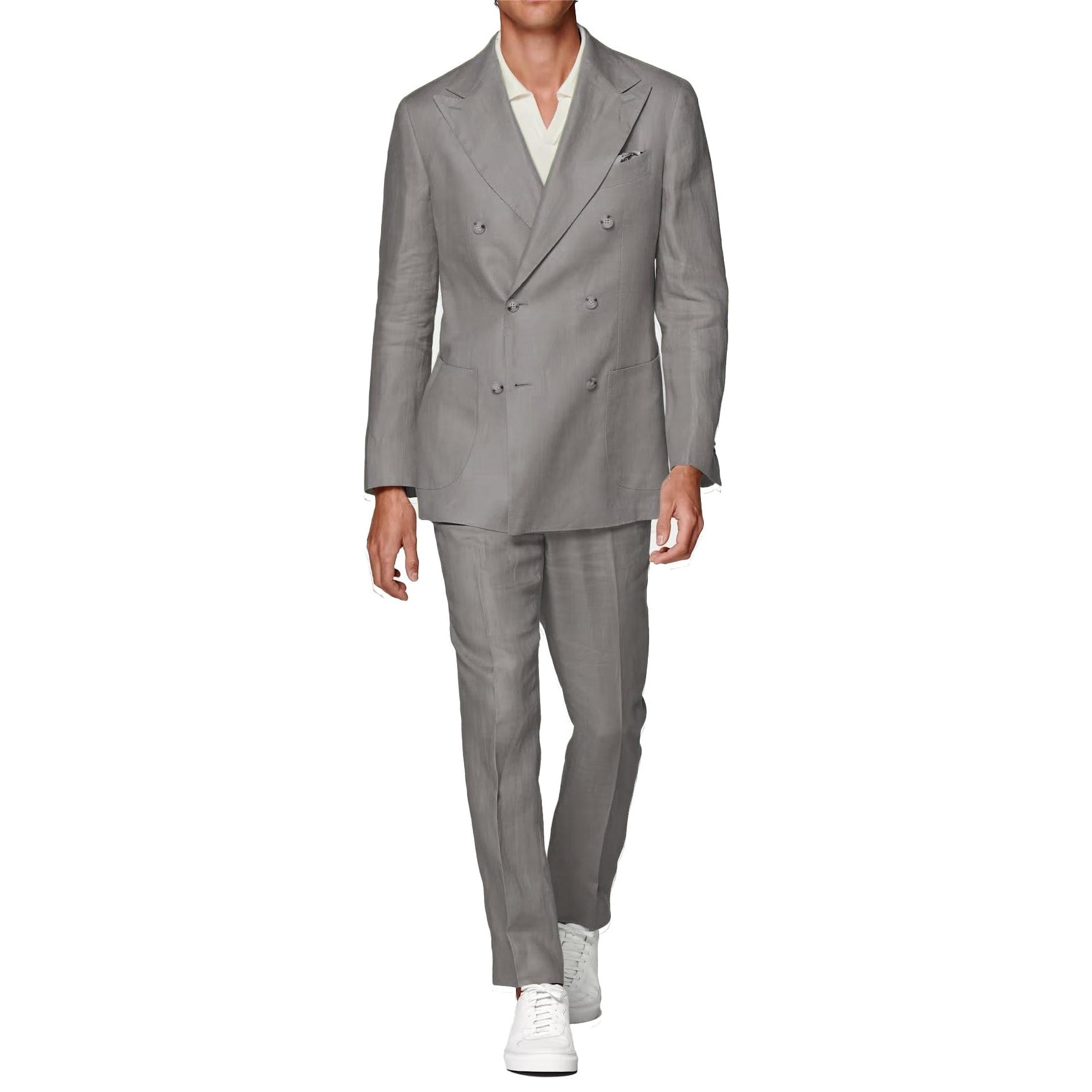 ceehuteey Linen Fashion Double Breasted Peak lapel for Men Solid Suit(Blazer+Pants)