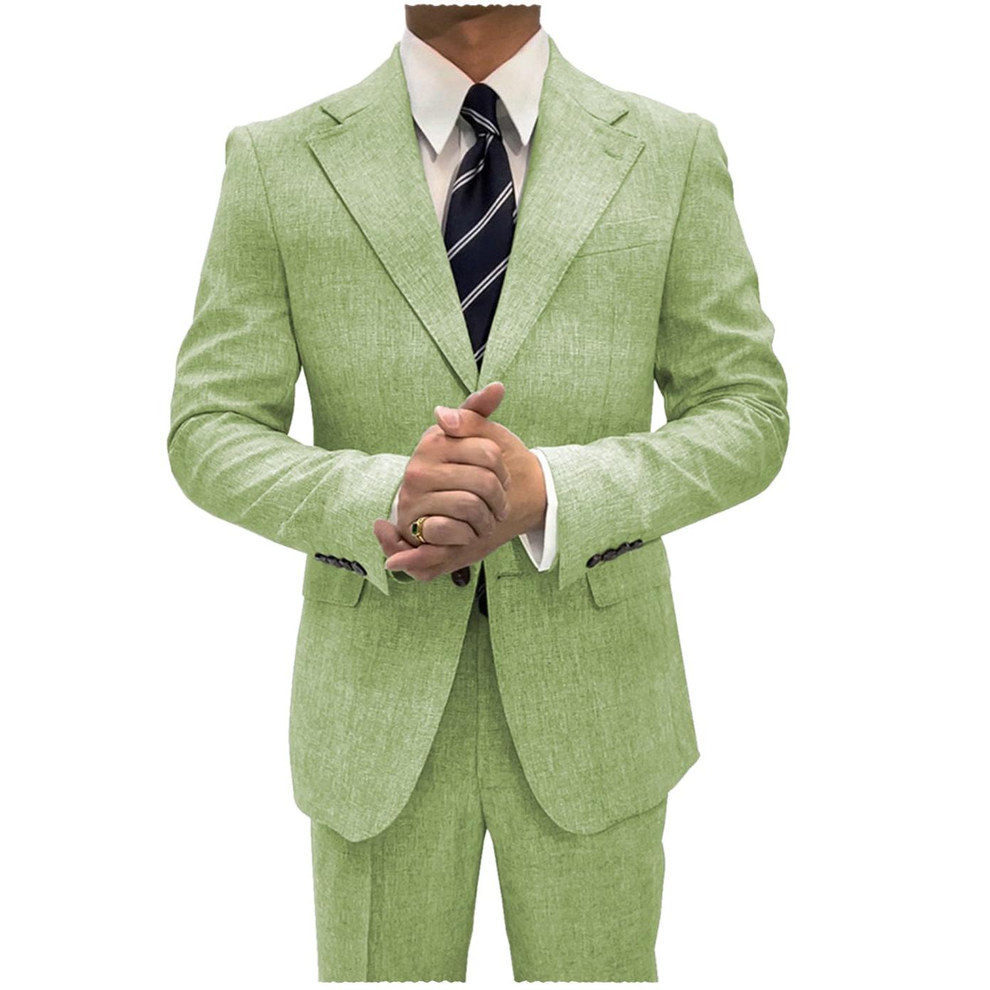 ceehuteey Linen Suits For Men Business 2 Piece Fit Casual Notch Lapel Summer Grooms (Blazer+Pants)