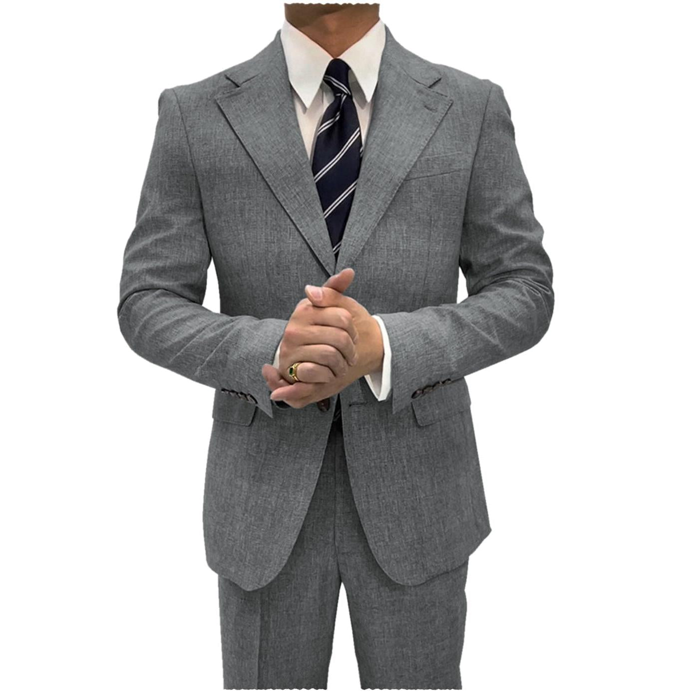 ceehuteey Linen Suits For Men Business 2 Piece Fit Casual Notch Lapel Summer Grooms (Blazer+Pants)