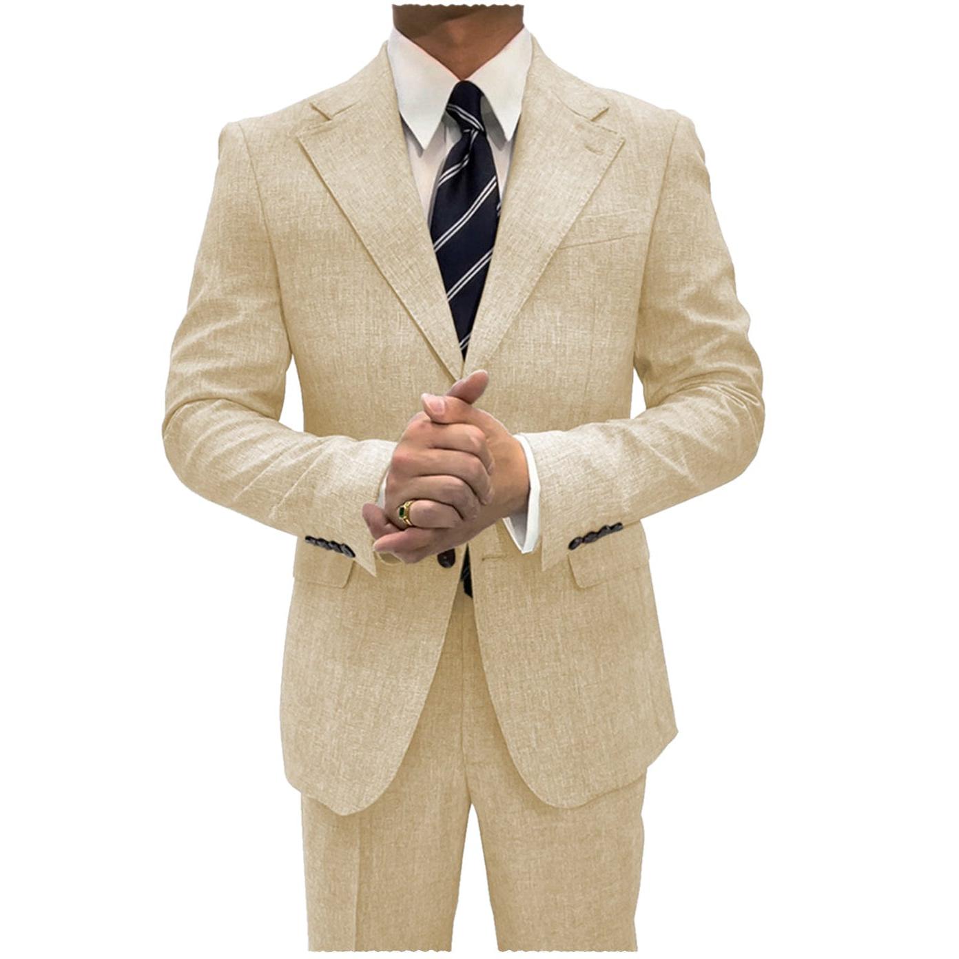 ceehuteey Linen Suits For Men Business 2 Piece Fit Casual Notch Lapel Summer Grooms (Blazer+Pants)