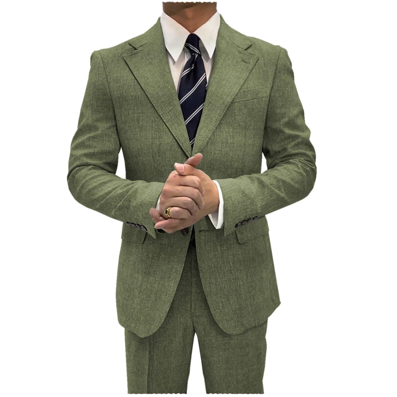 ceehuteey Linen Suits For Men Business 2 Piece Fit Casual Notch Lapel Summer Grooms (Blazer+Pants)