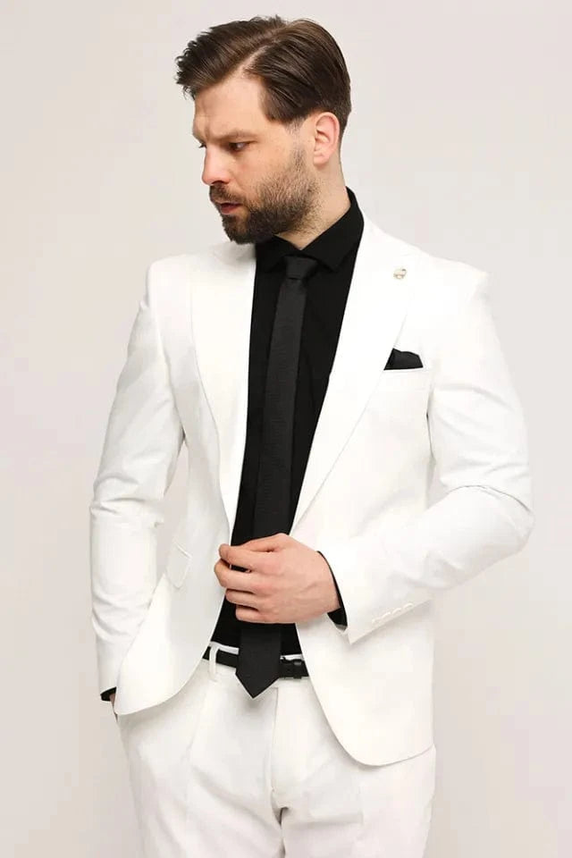 ceehuteey Men's 2 Piece White Peak lapel Fashion Multiple Occasions Western Tuxedos Suit( Blazer+ Pant)