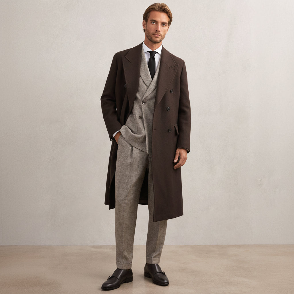 ceehuteey Men's 2 Pieces Brown Gentleman Double Breasted Herringbone Notch Lapel Mens Suit (Blazer+Pants)