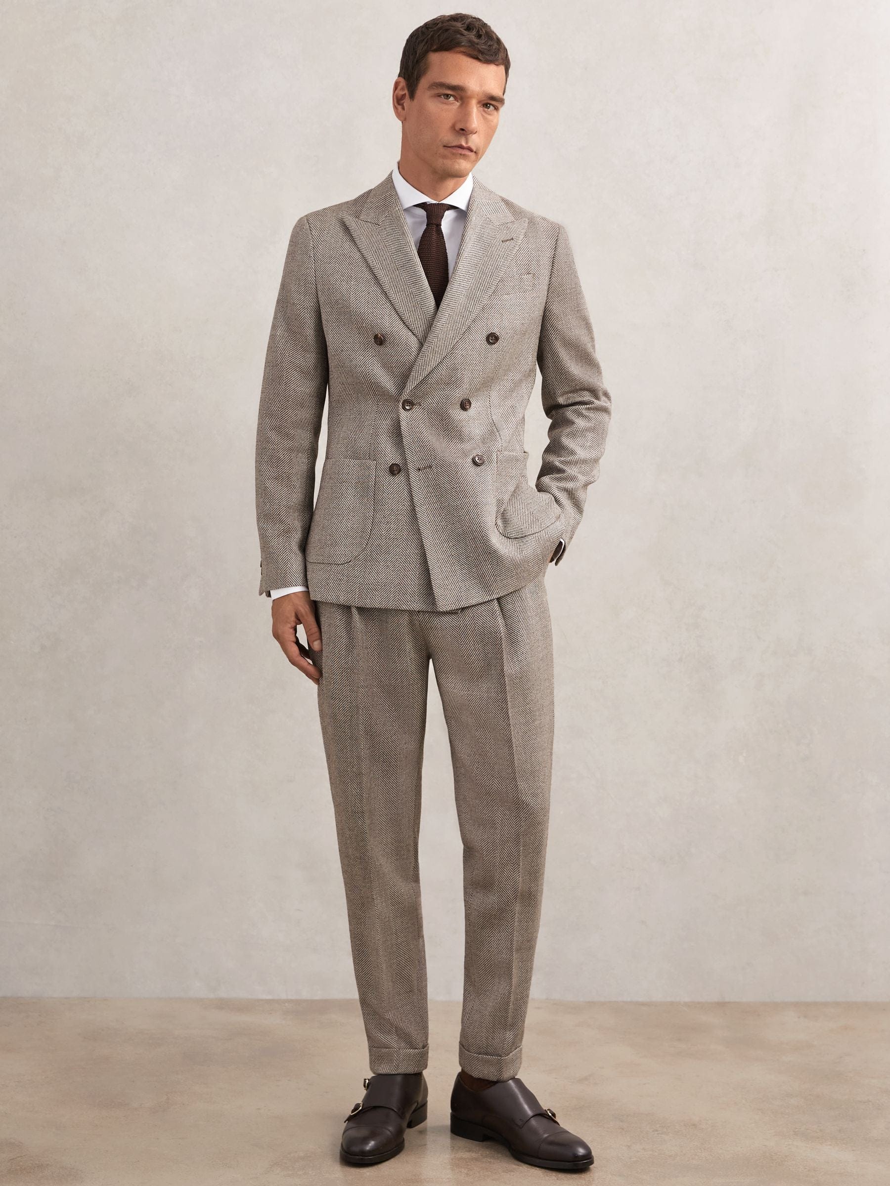 ceehuteey Men's 2 Pieces Brown Gentleman Double Breasted Herringbone Notch Lapel Mens Suit (Blazer+Pants)